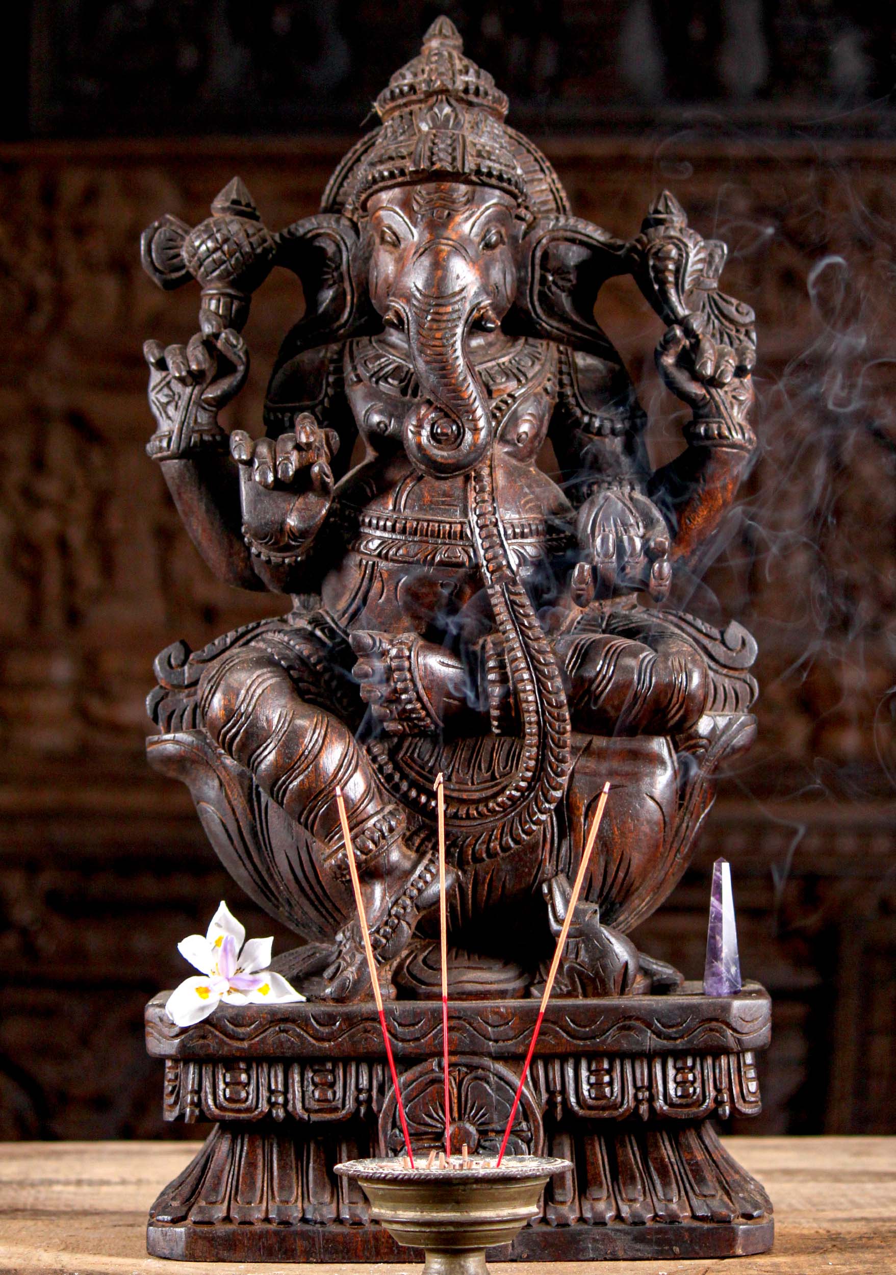 Wood Ganesh Seated on Lotus Base Statue 24"