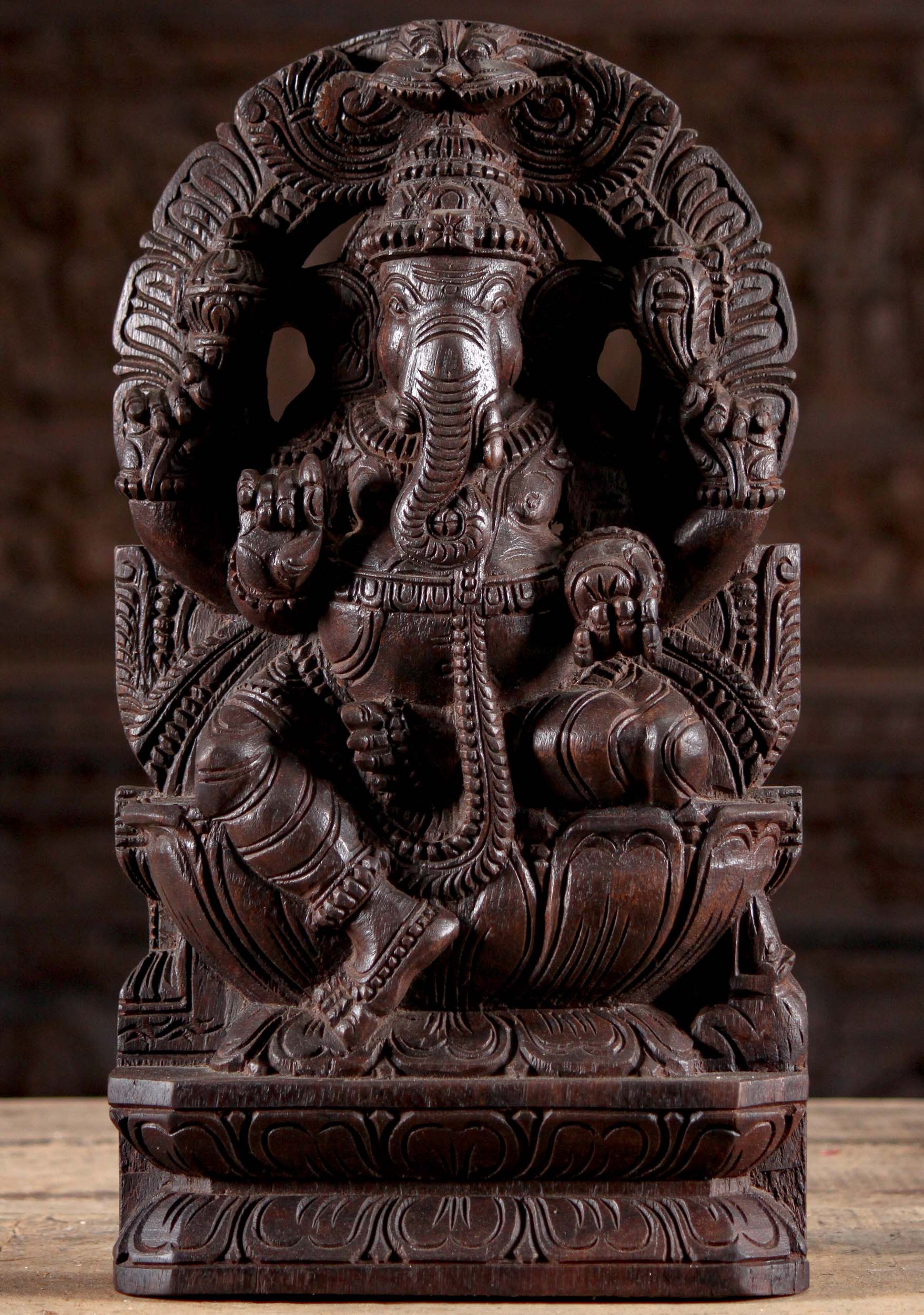 Wood Seated Ganesh Under Arch Statue 18"