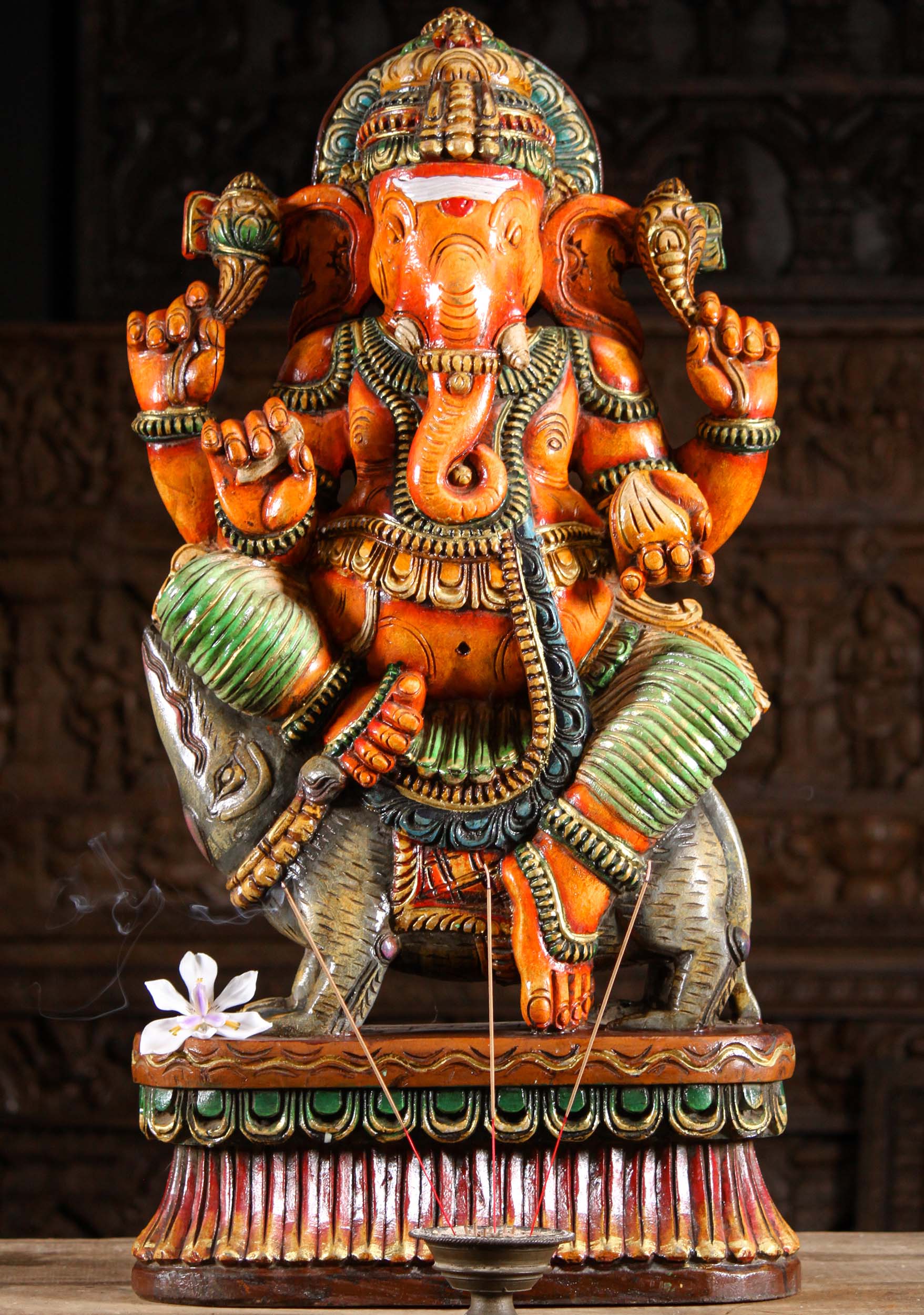 Wood Seated Ganesha Statue on Rat 36"