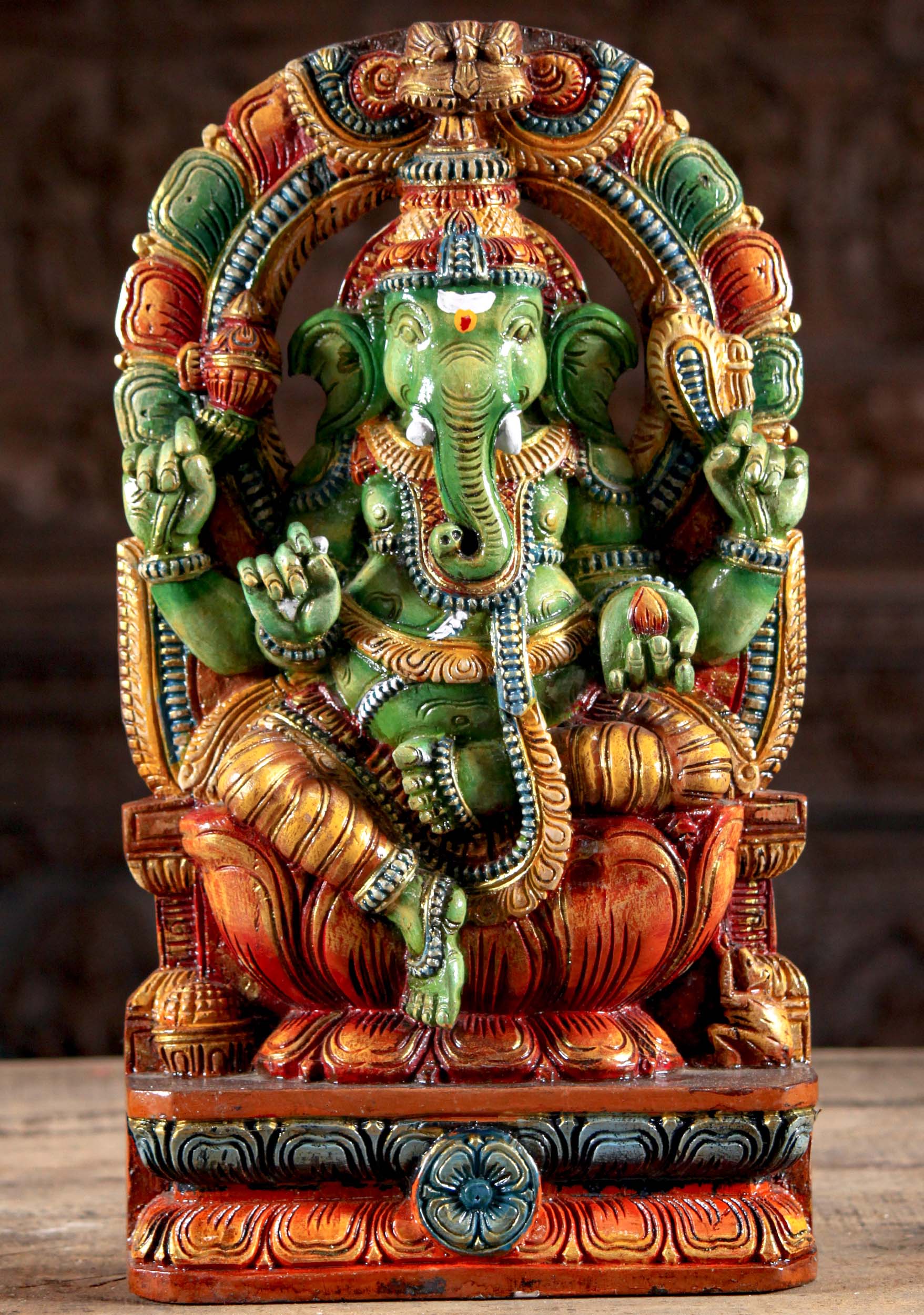 Wood Painted Ganesh Seated Under Arch Sculpture 18"