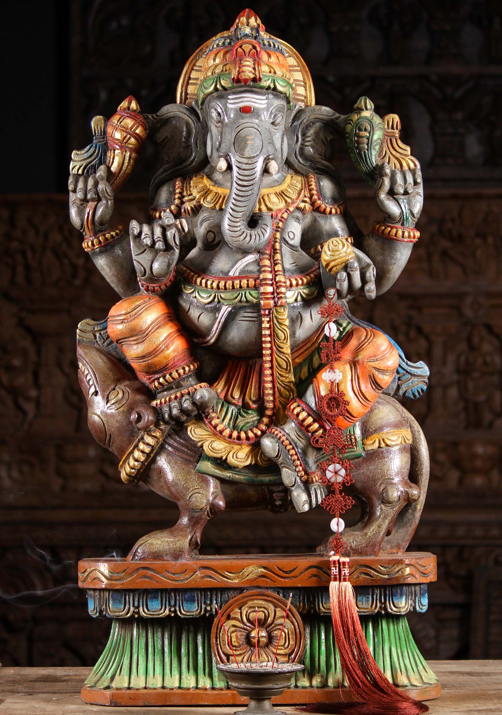 Wooden Seated Ganesh Statue on Rat 36"