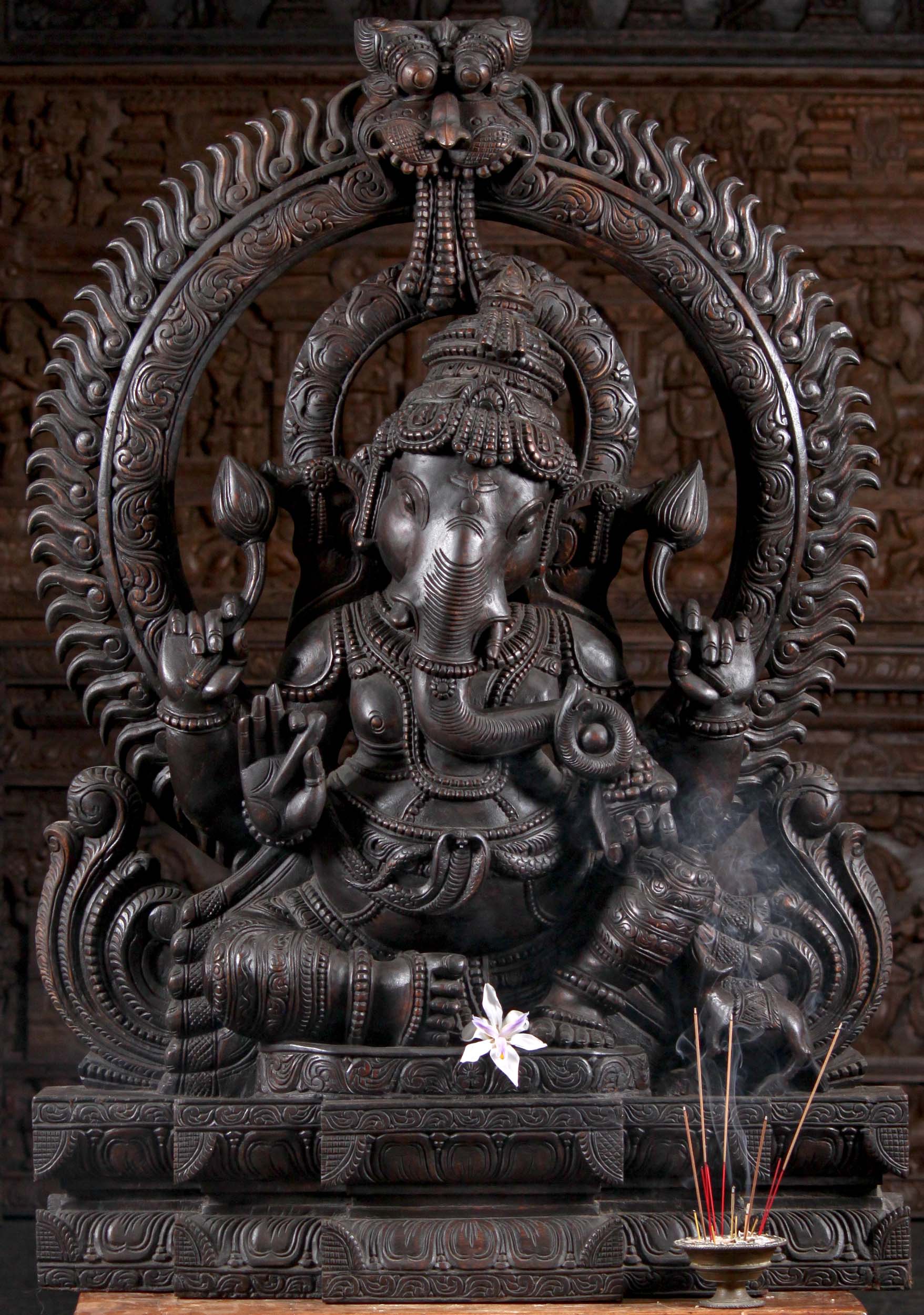 Large Dark Wooden Ganesh with Stunning Arch 48"