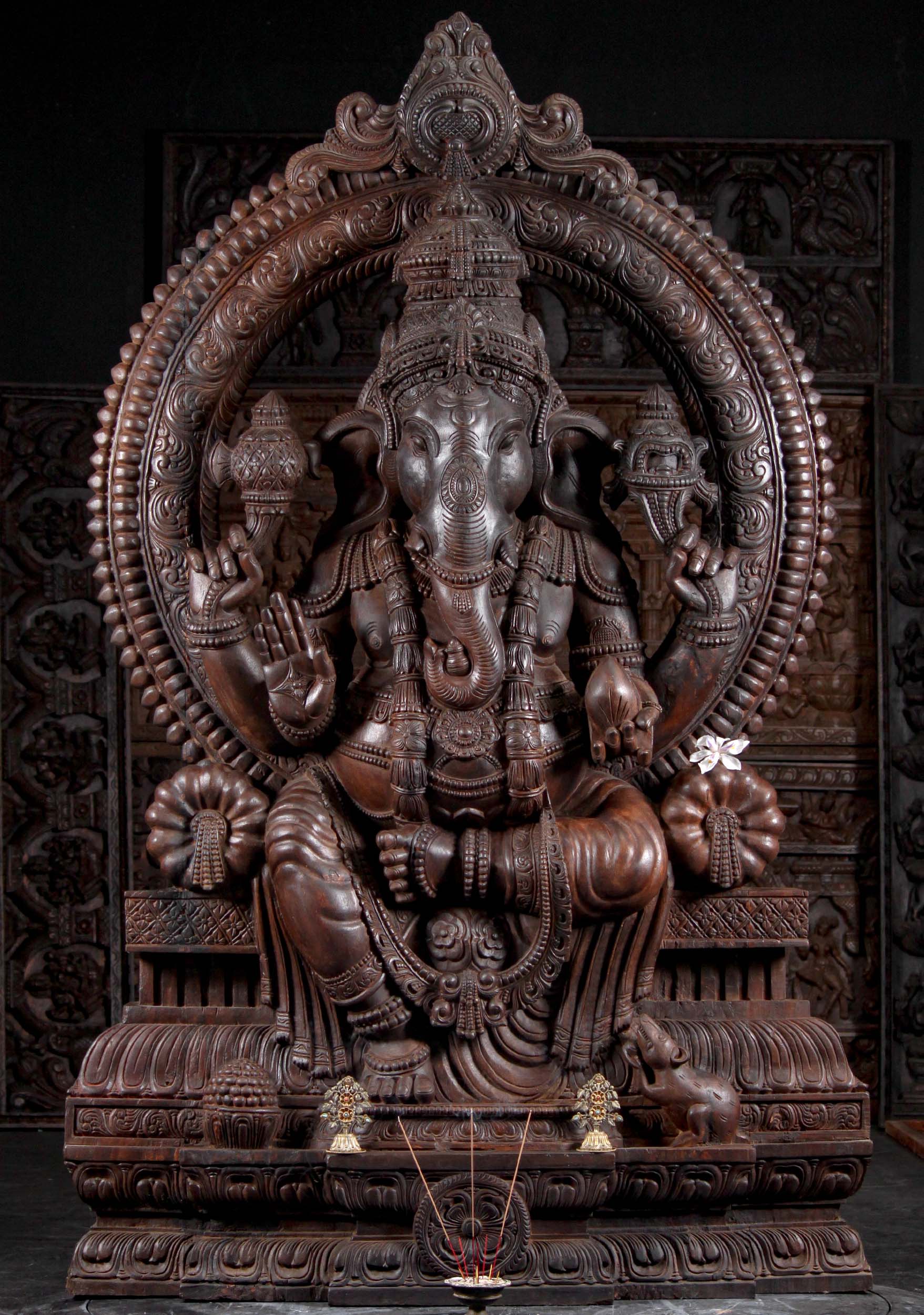 Large Wooden Ganesh with Seated Under Arch 83"