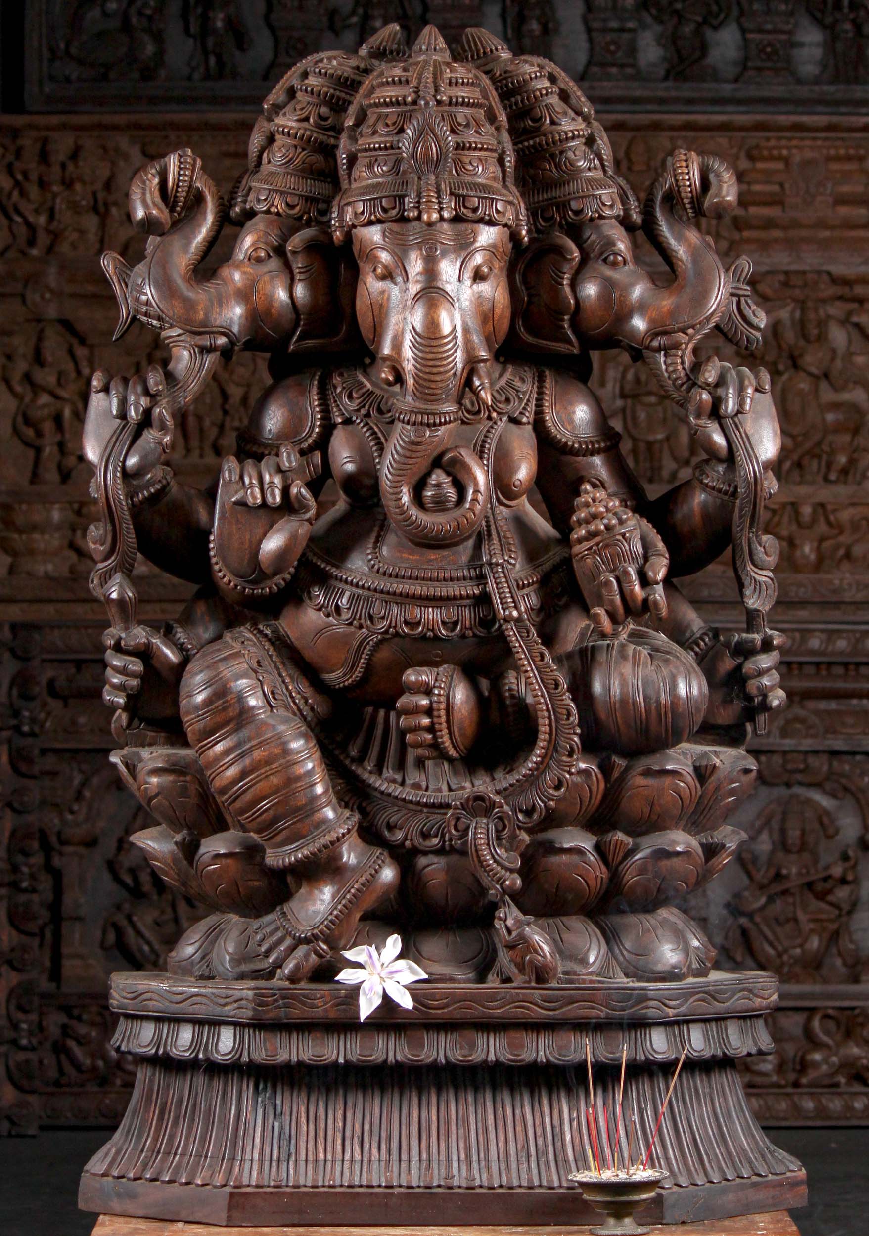 Wooden 3 Headed Trimuhka Ganapathi Statue 51"