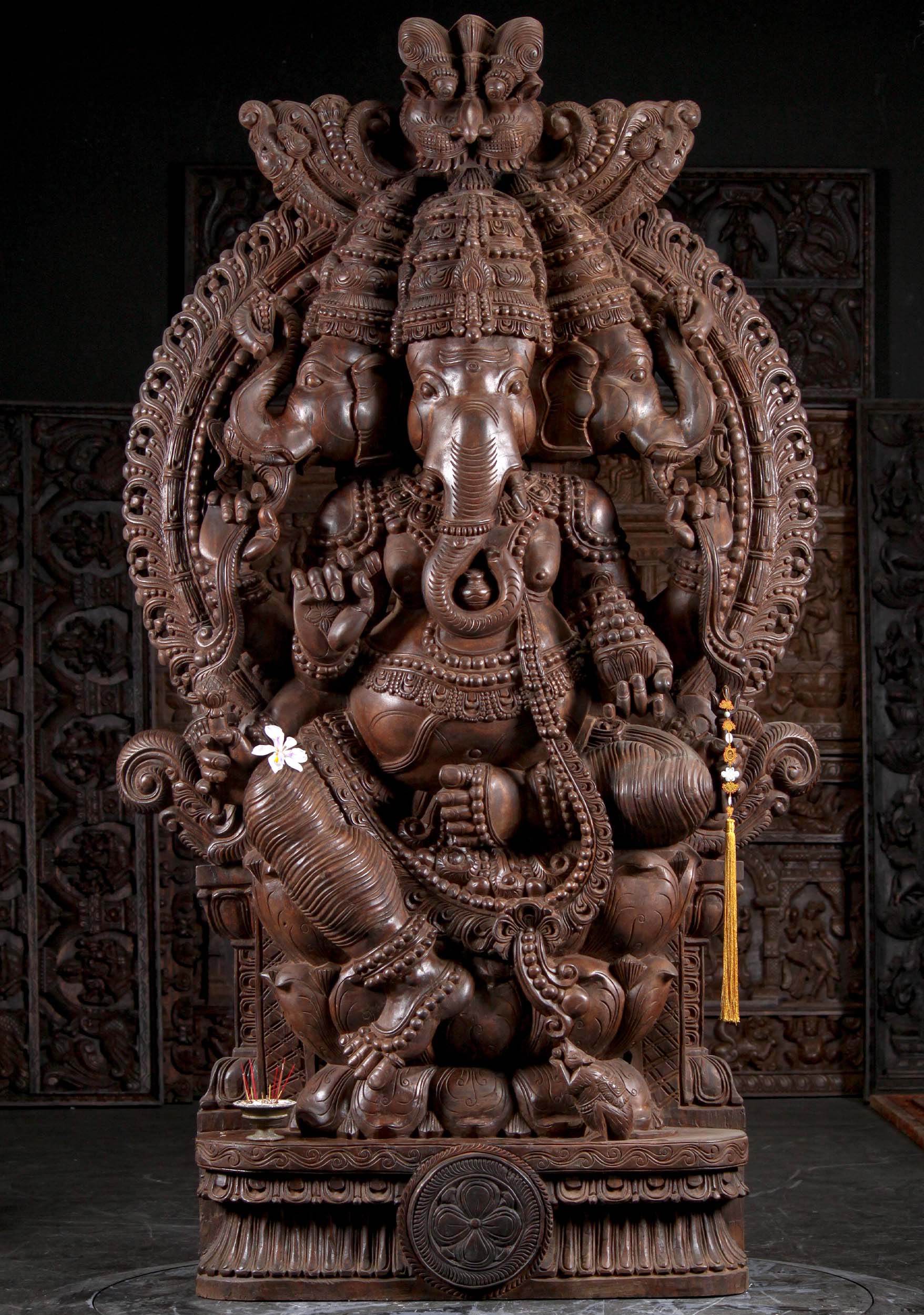 Large 7 Foot Tall Wood 3 Headed, Trimuhki Ganesh Statue, 6 Arms & Mahakala Arch 84"