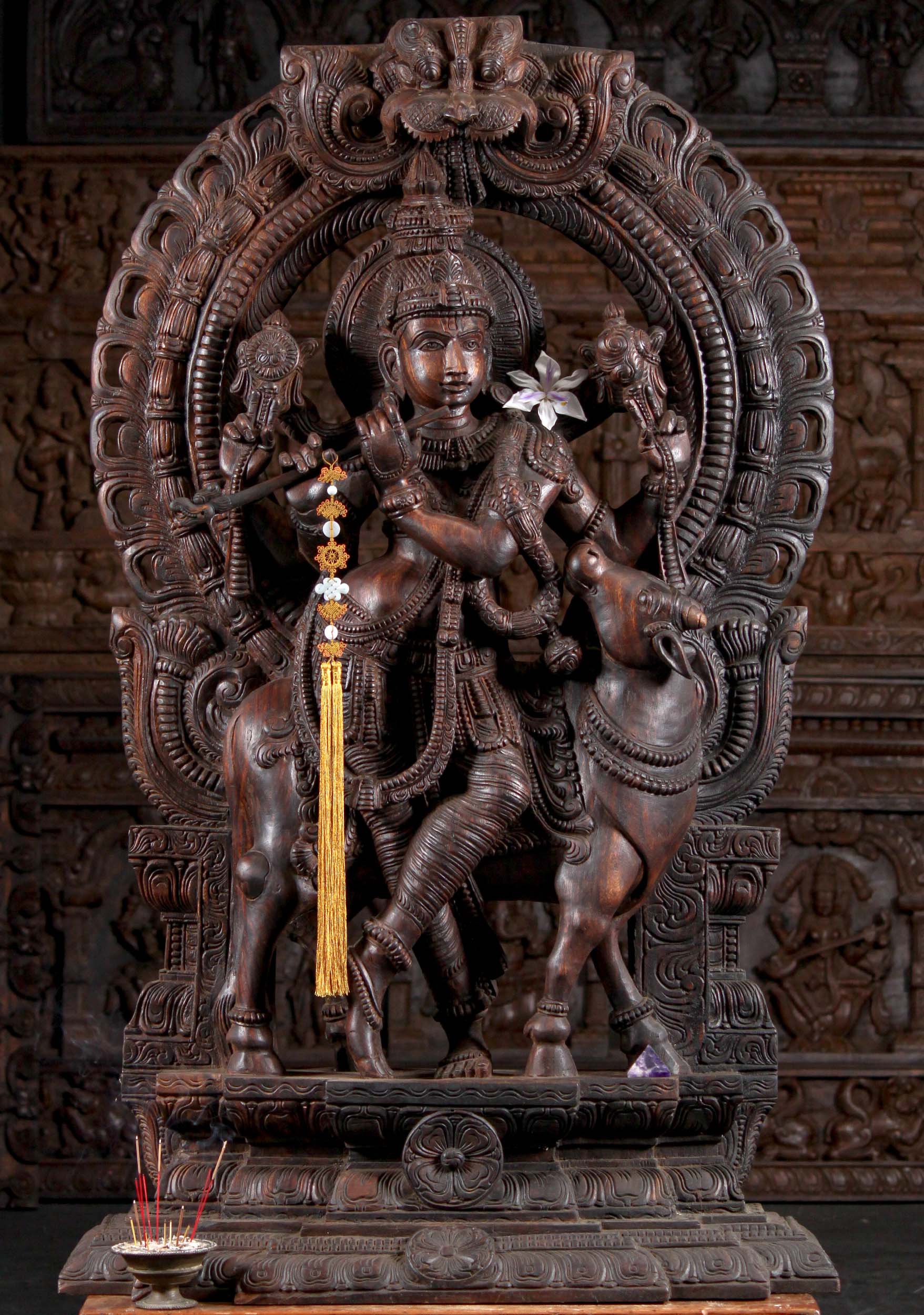 Wooden Gopal Krishna Playing Flute with Cow 52"