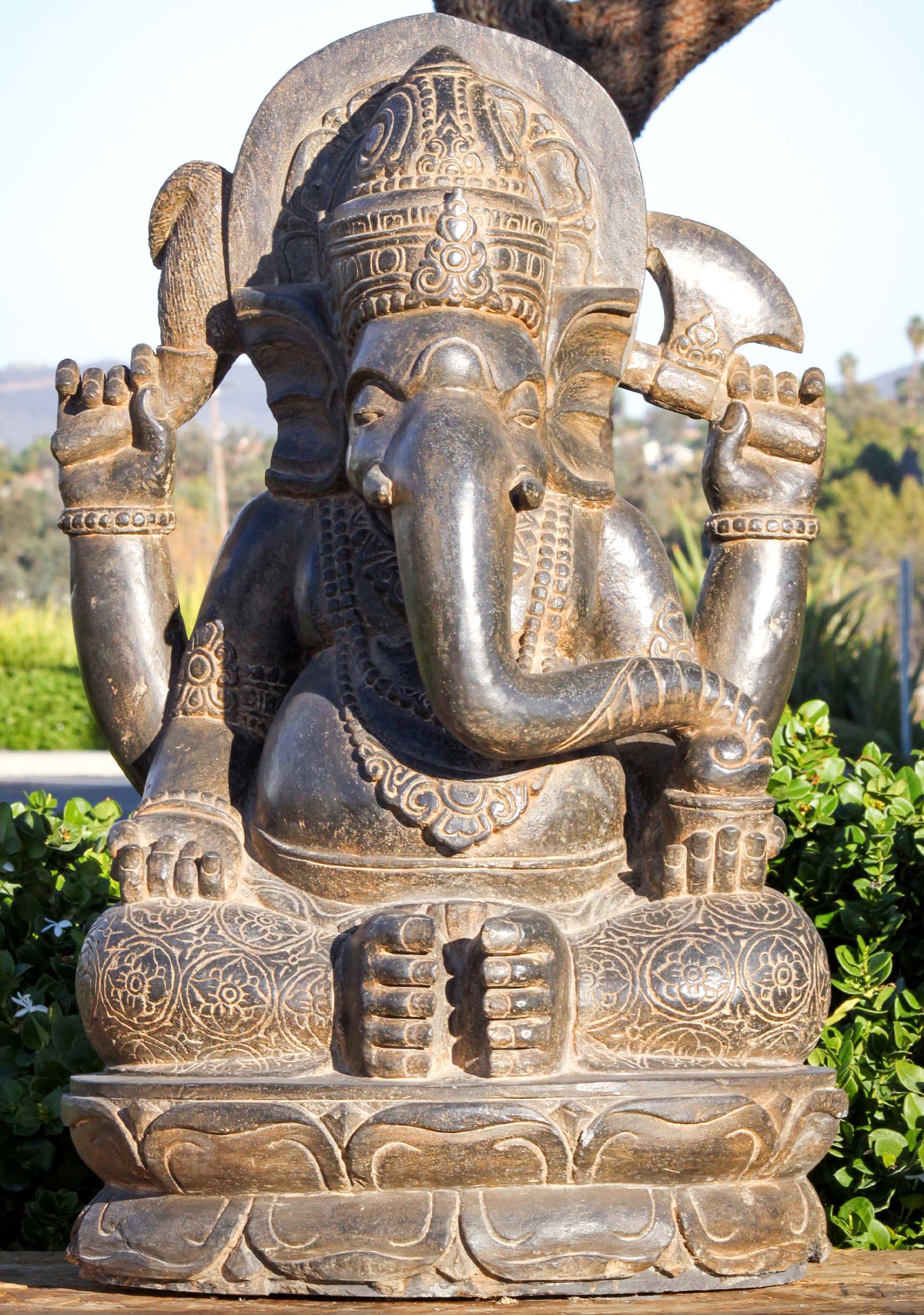 SOLD Seated Lava Stone Ganesh Sculpture with Fly Whisk, Axe, and Bowl ...