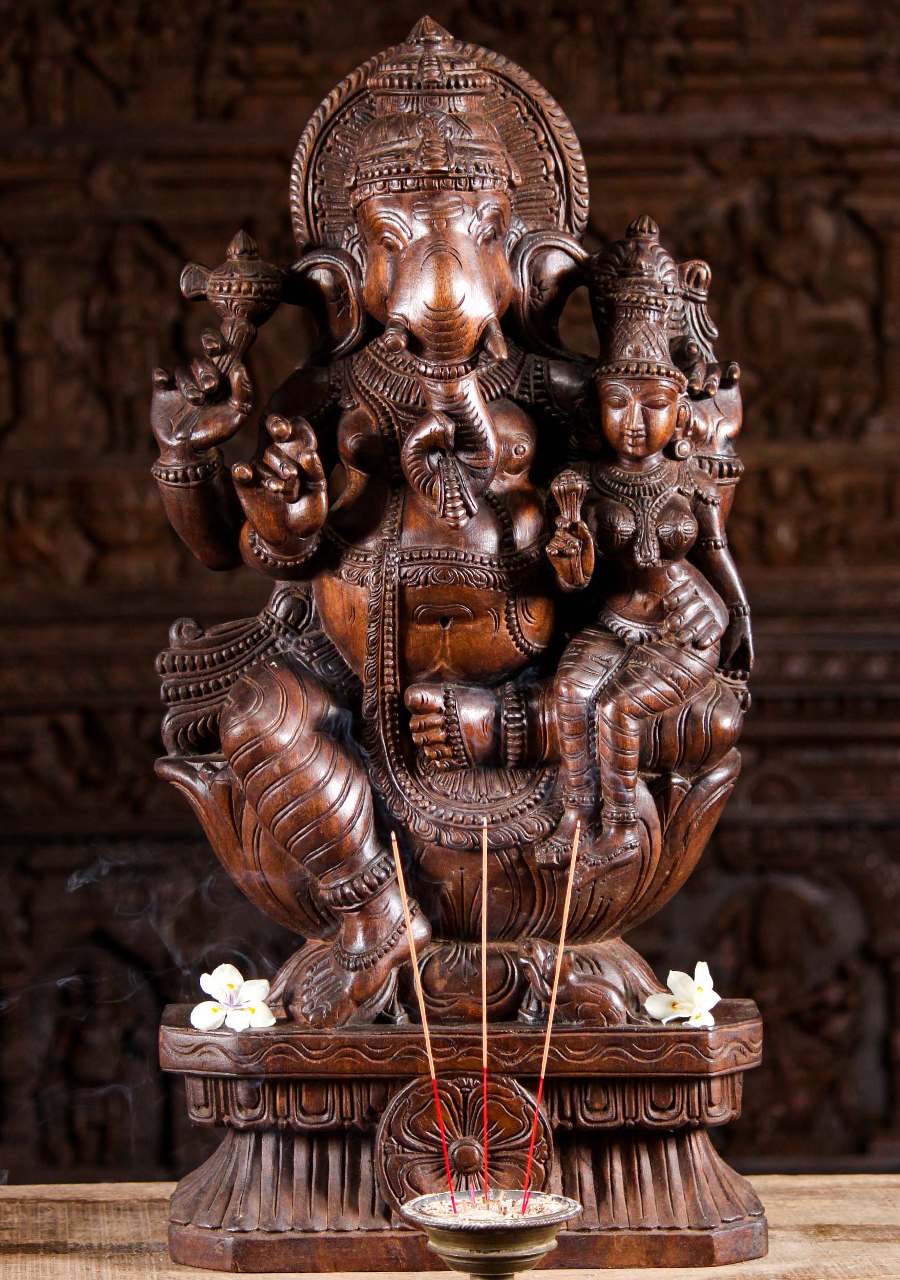 Wooden Ganesha Holding Lakshmi Statue 30"