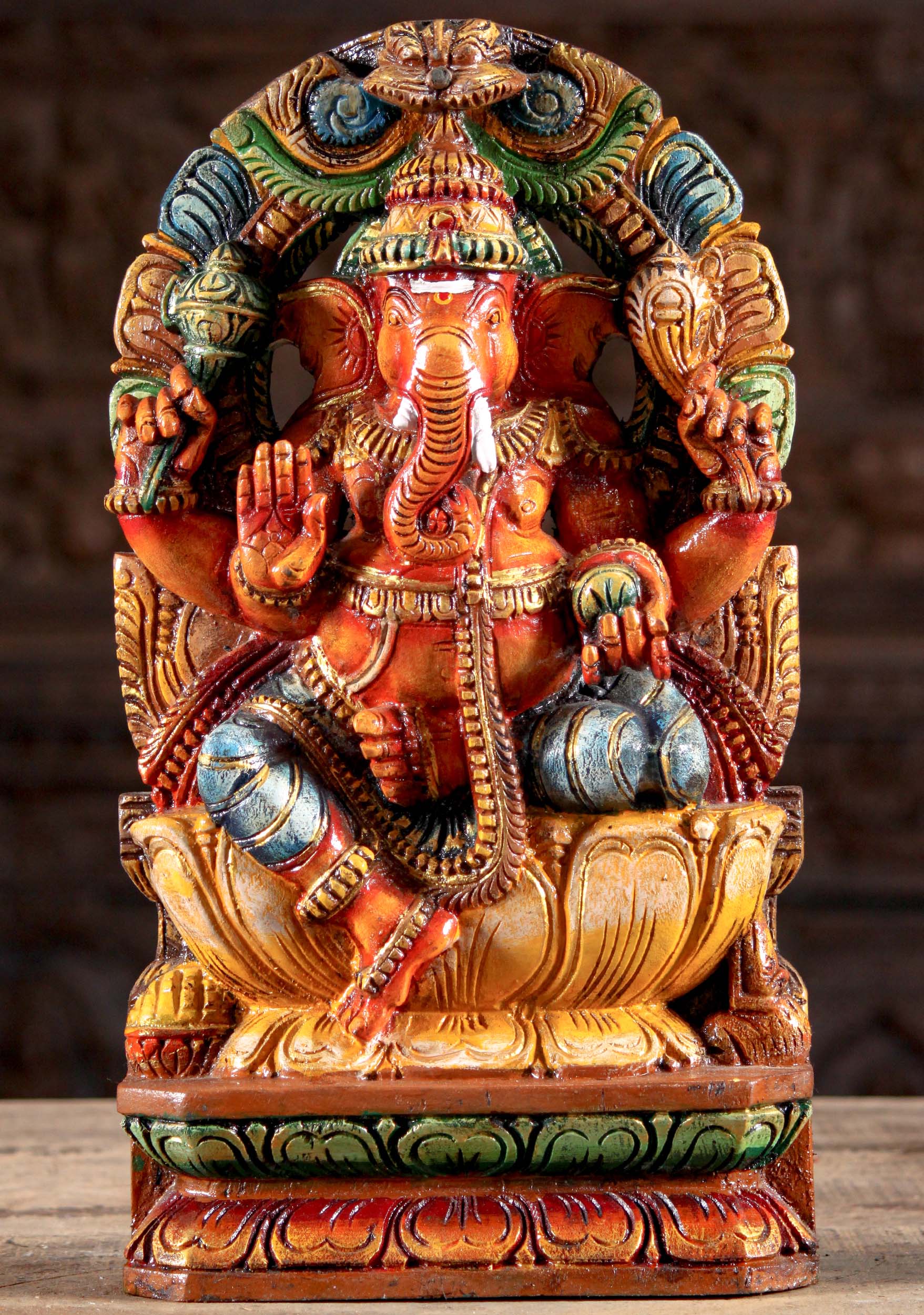 Wood Painted Ganesh Seated Under Arch Statue 18"