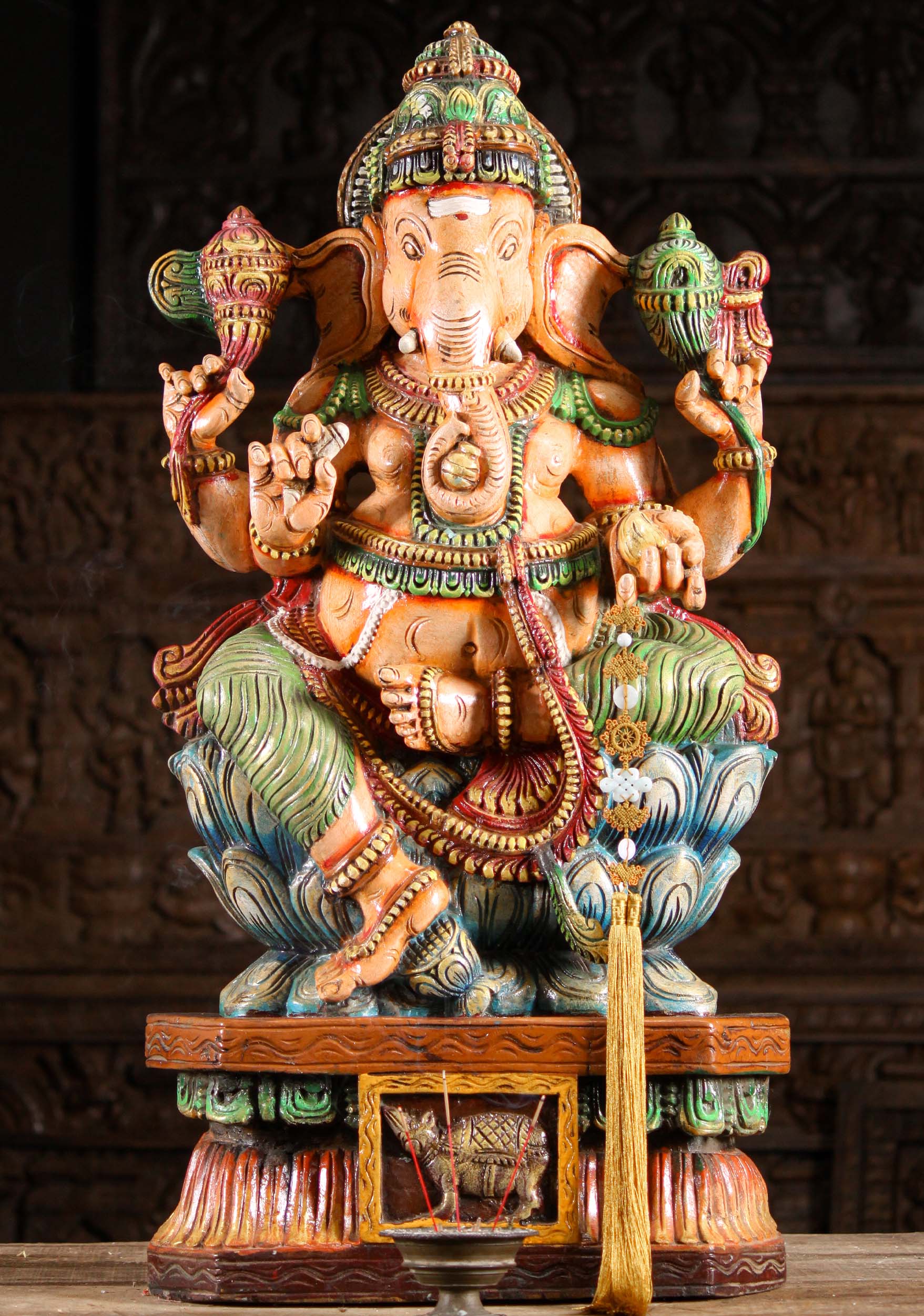 Wooden Painted Seated Ganesha Statue 36"