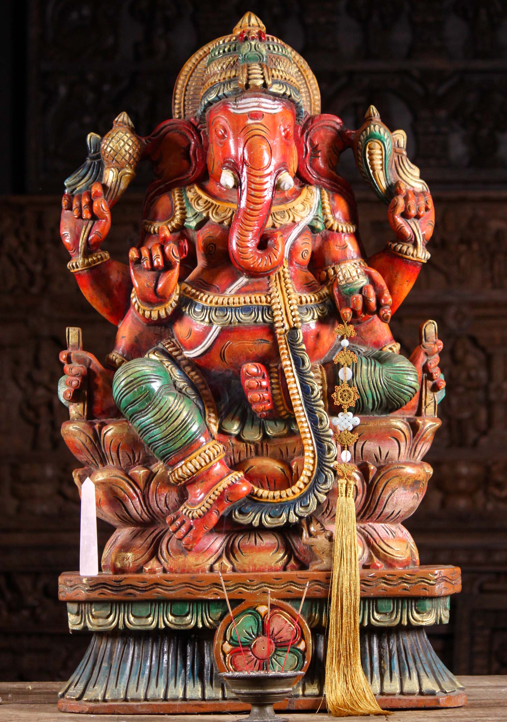 Wood Ganesha Holding Tusk with Rat Statue 36"