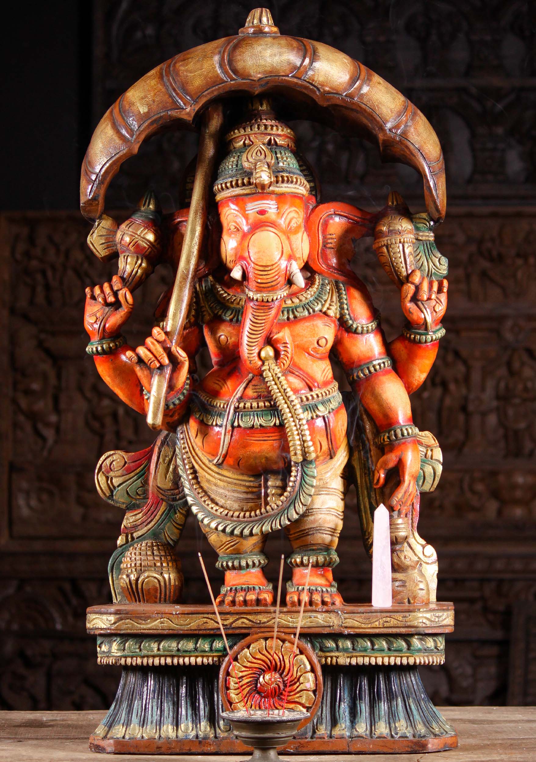 Wood Ganesh with Umbrella & Water Vessel 36"