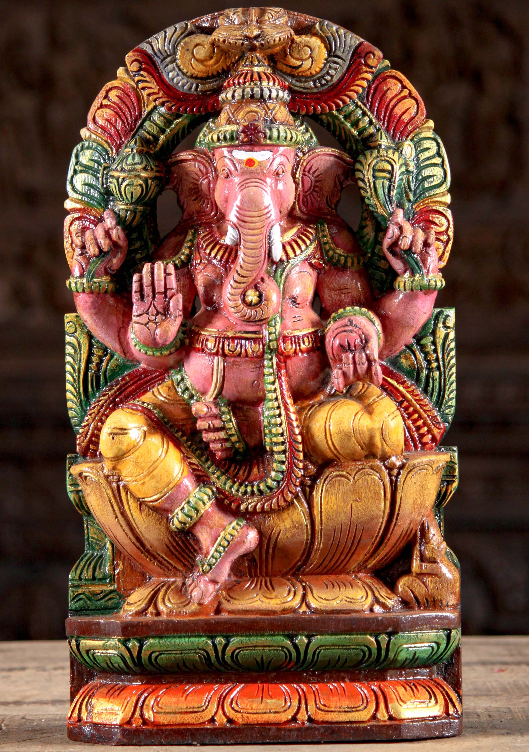 Wooden Ganesh Sculpture with Arch 18"