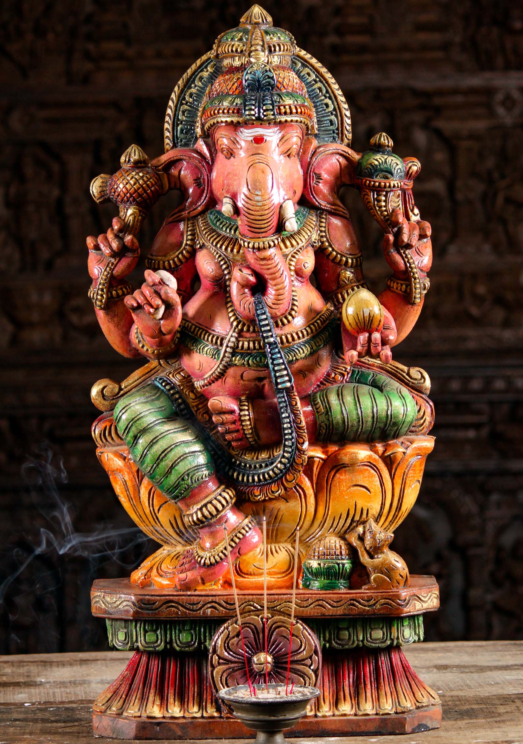 Wood Seated Ganesha Holding Elephant Goad 30"