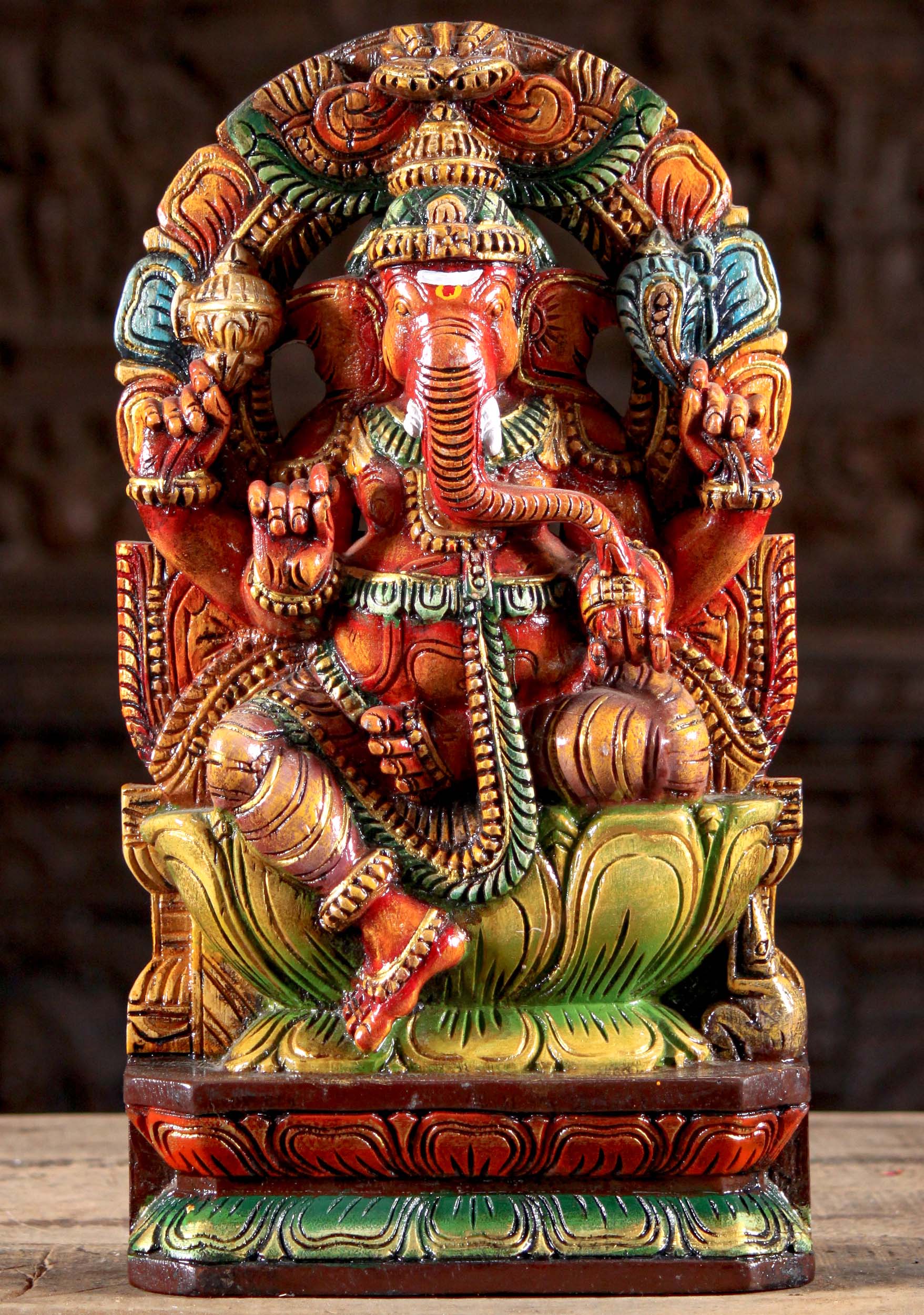 Wooden Ganesh Under Arch Sculpture 18"