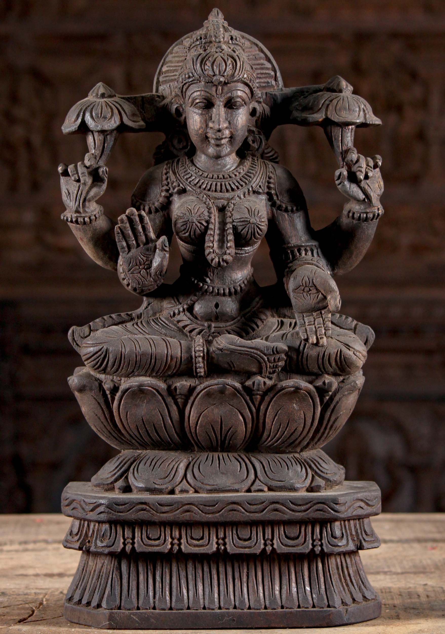 Wood Seated Abhaya Mudra Lakshmi Statue 18"