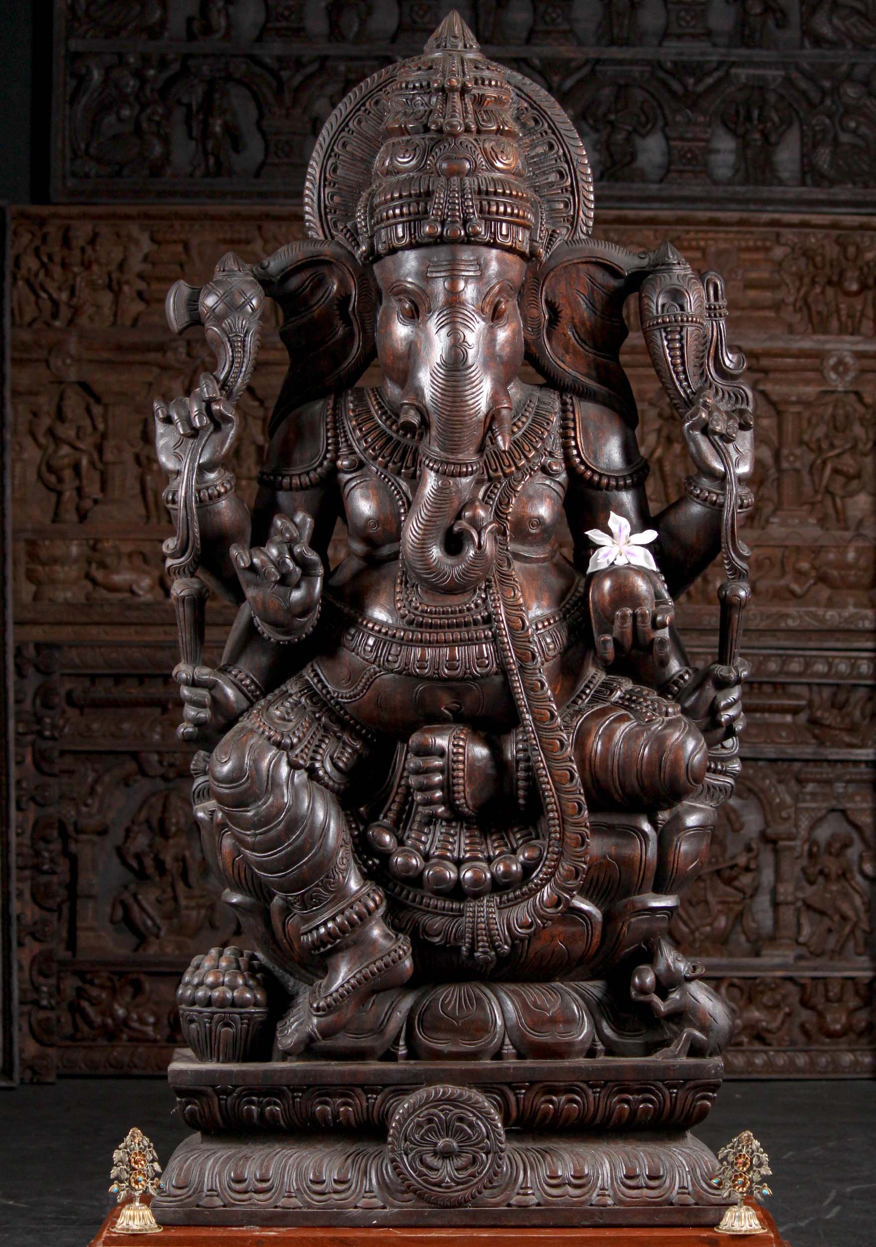 Wood Ganesha Holding Tusk with Rat Statue 59    122w35   Hindu Gods