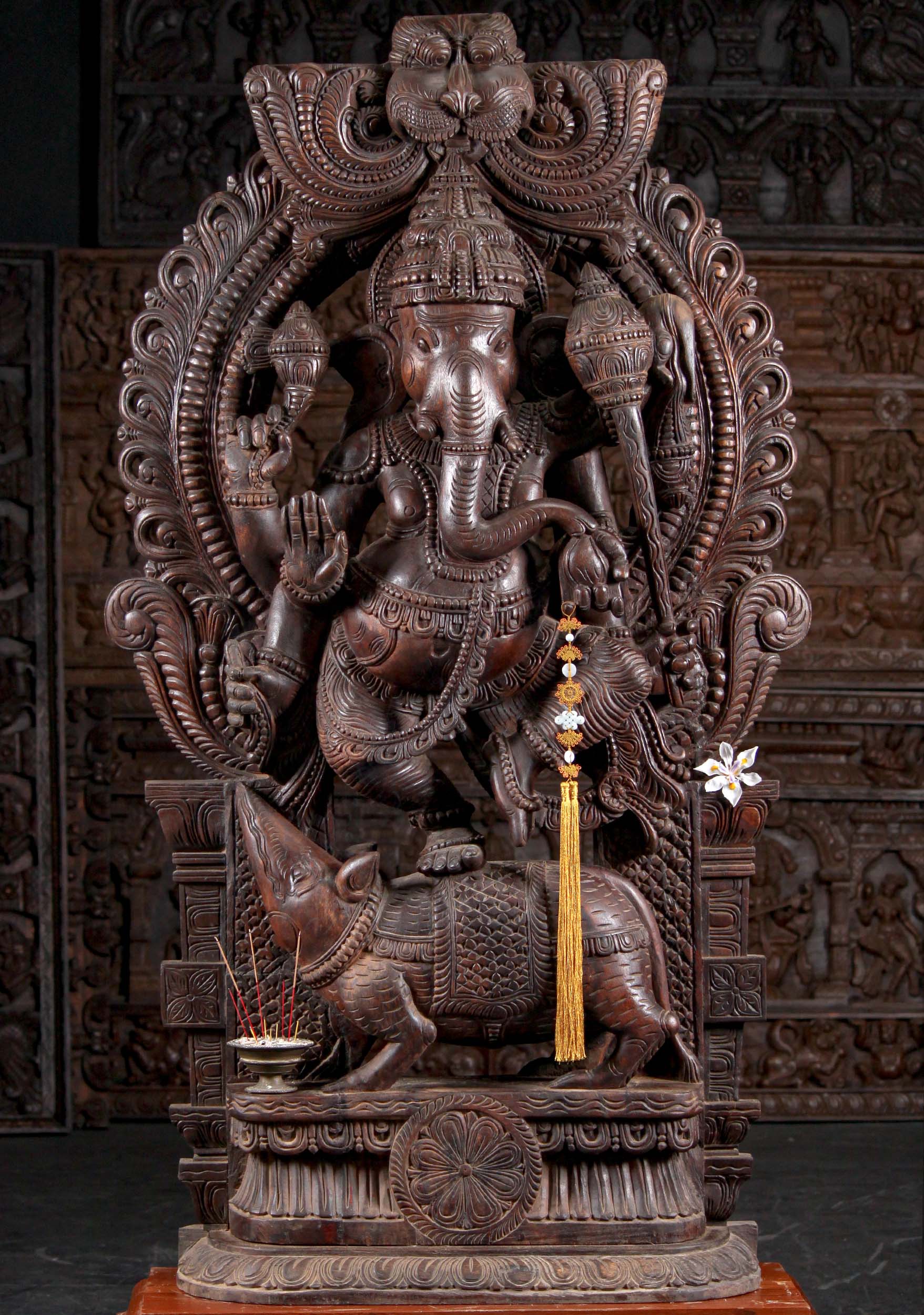 Large Wood Ganesh Holding a Club While Dancing on Top of Rat Under Arch 62"