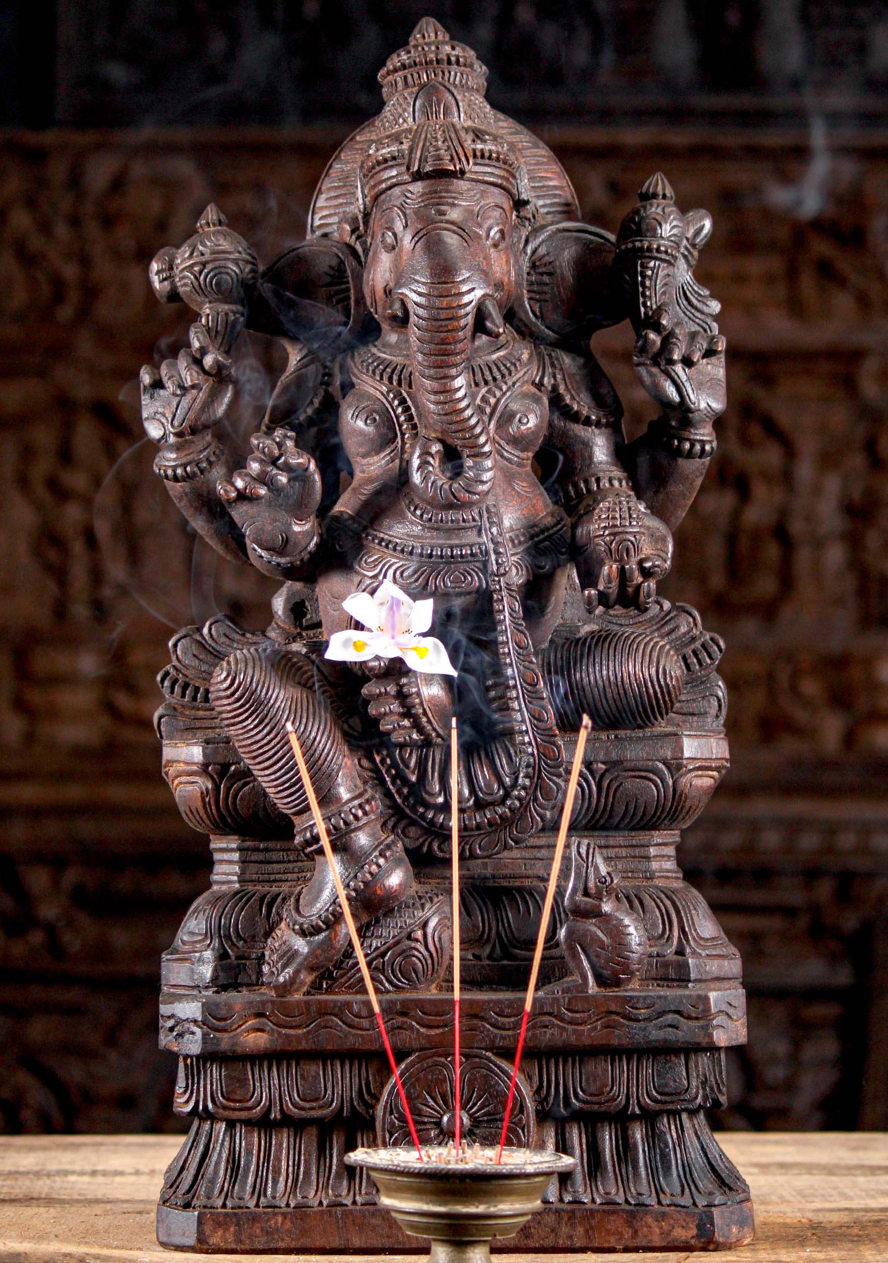 Wooden Ganesha Sculpture with Rat 24"'