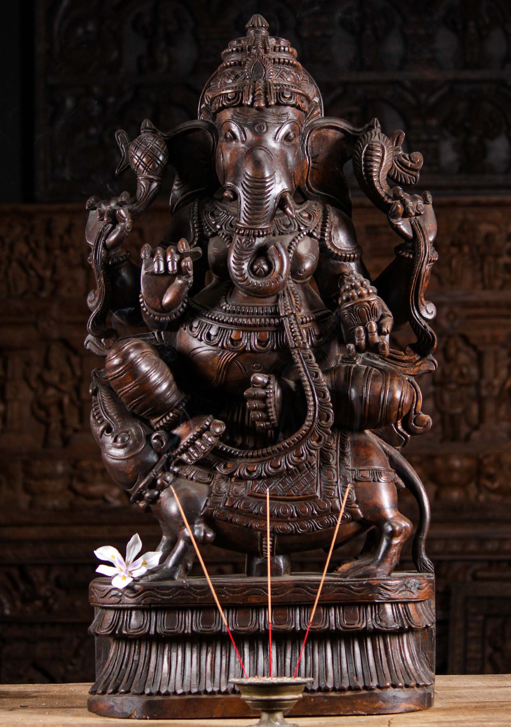 Dark Wooden Ganesh Statue Seated on Rat 36"