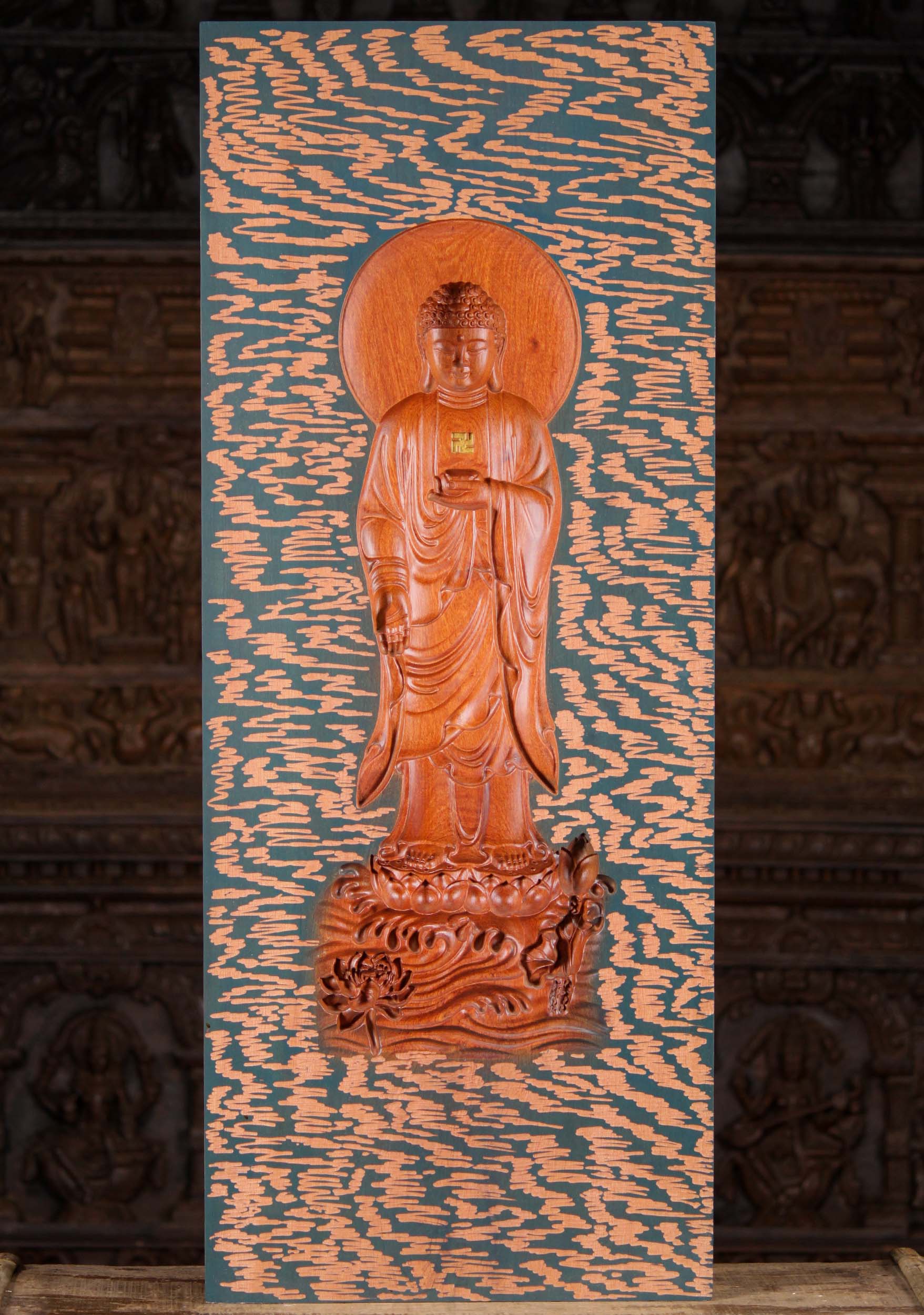 Wooden Hand Carved Buddha Wall Panel 46"