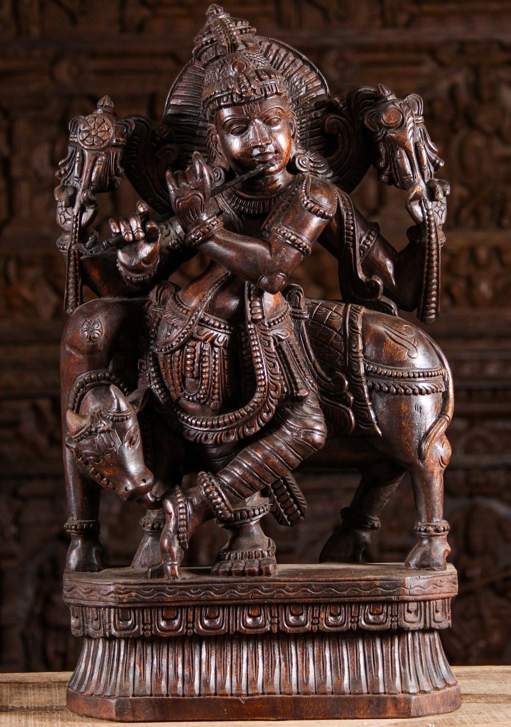 Wood Gopal Krishna Playing Flute with Cow 30"