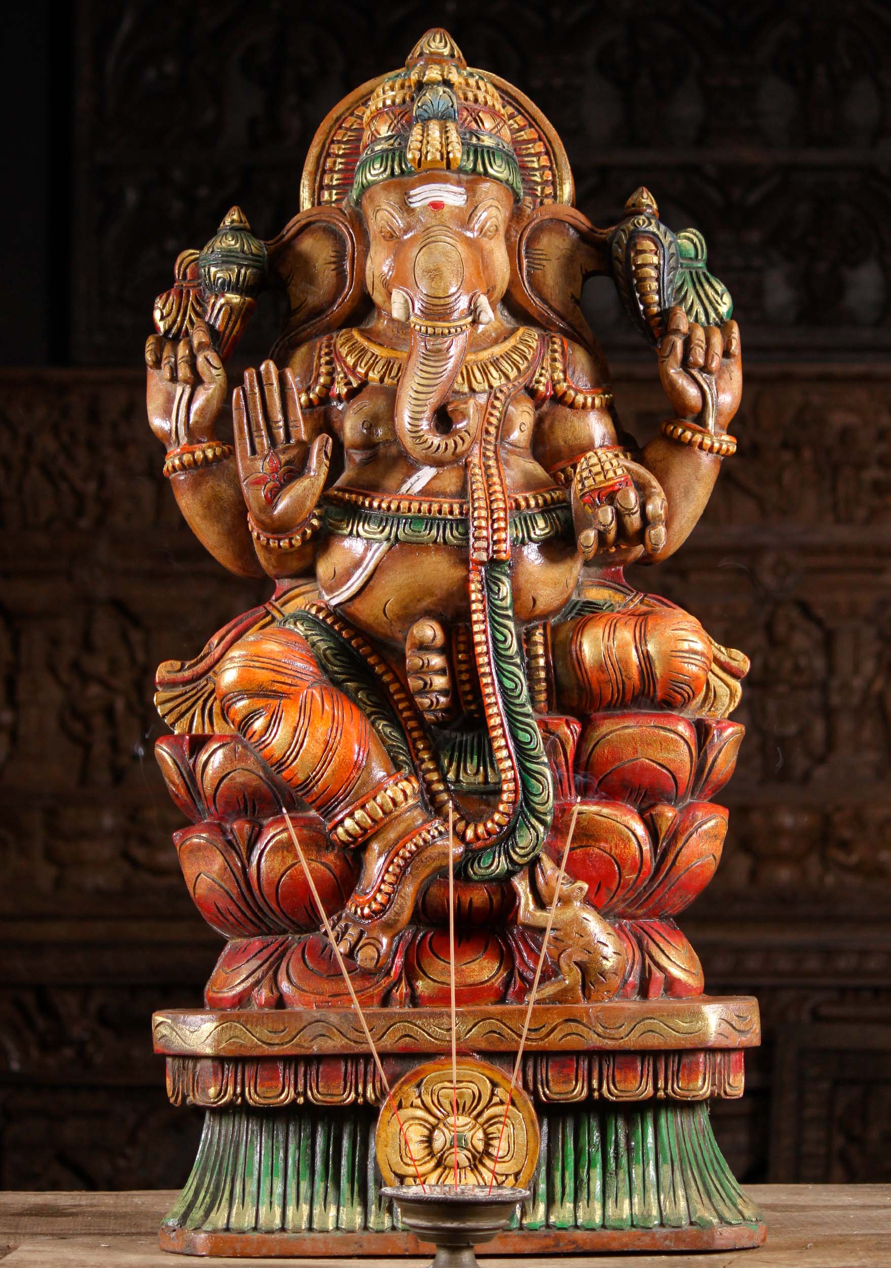 SOLD Wood Ganesh Sculpture in the Abhaya Mudra 36