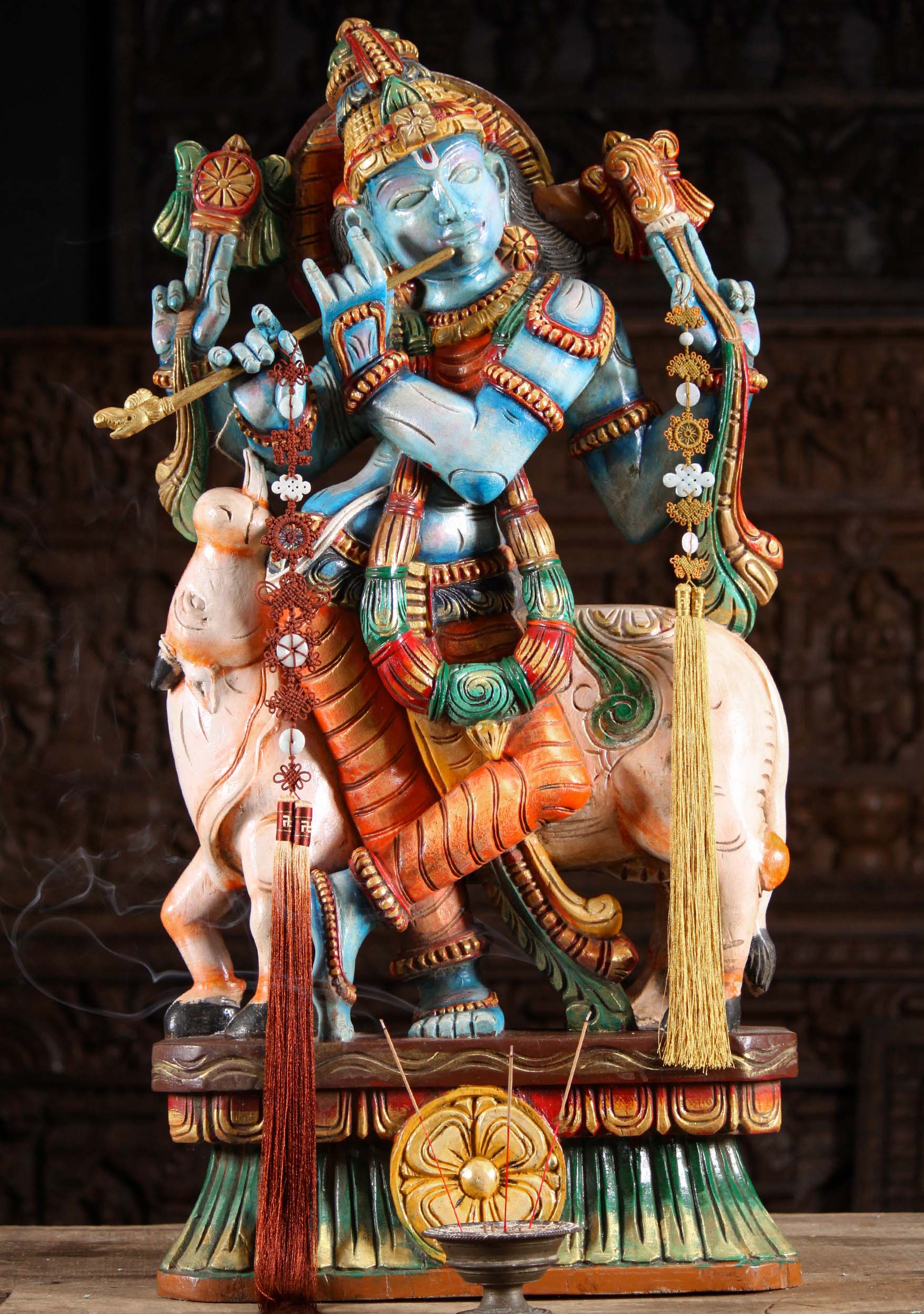 Wood Blue Krishna Playing Flute with Cow 36"