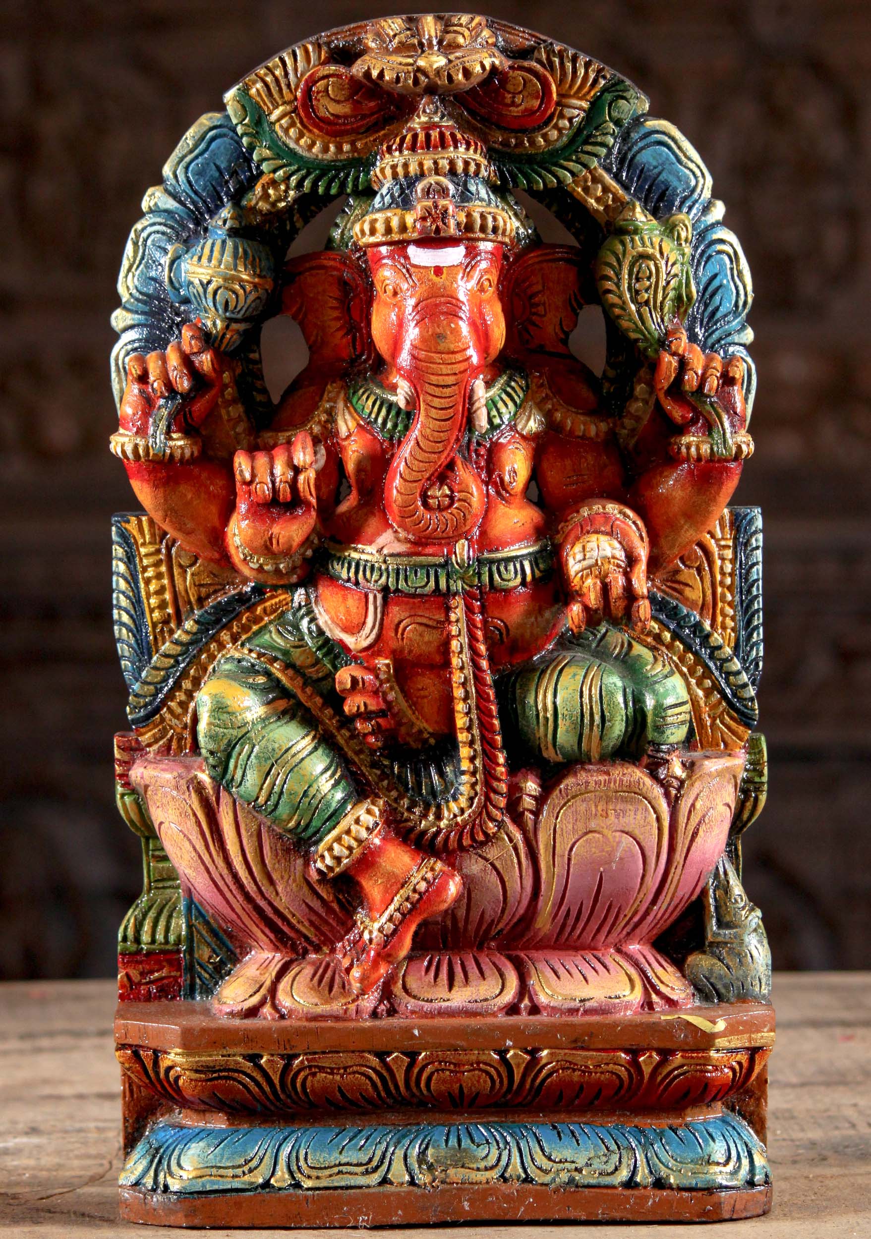 Wooden Ganesh Under Arch Sculpture 18"