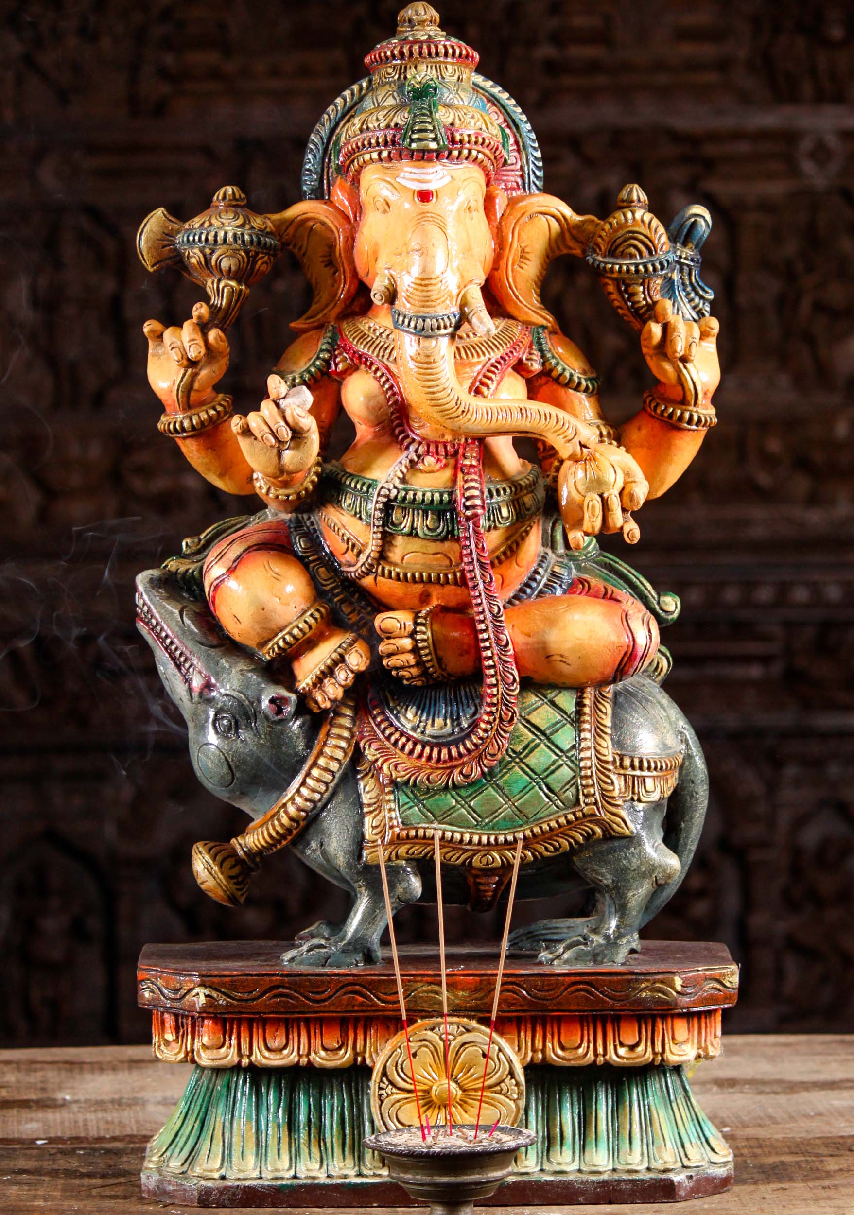 Wooden Ganesh Seated on Mooshika the Rat 30"