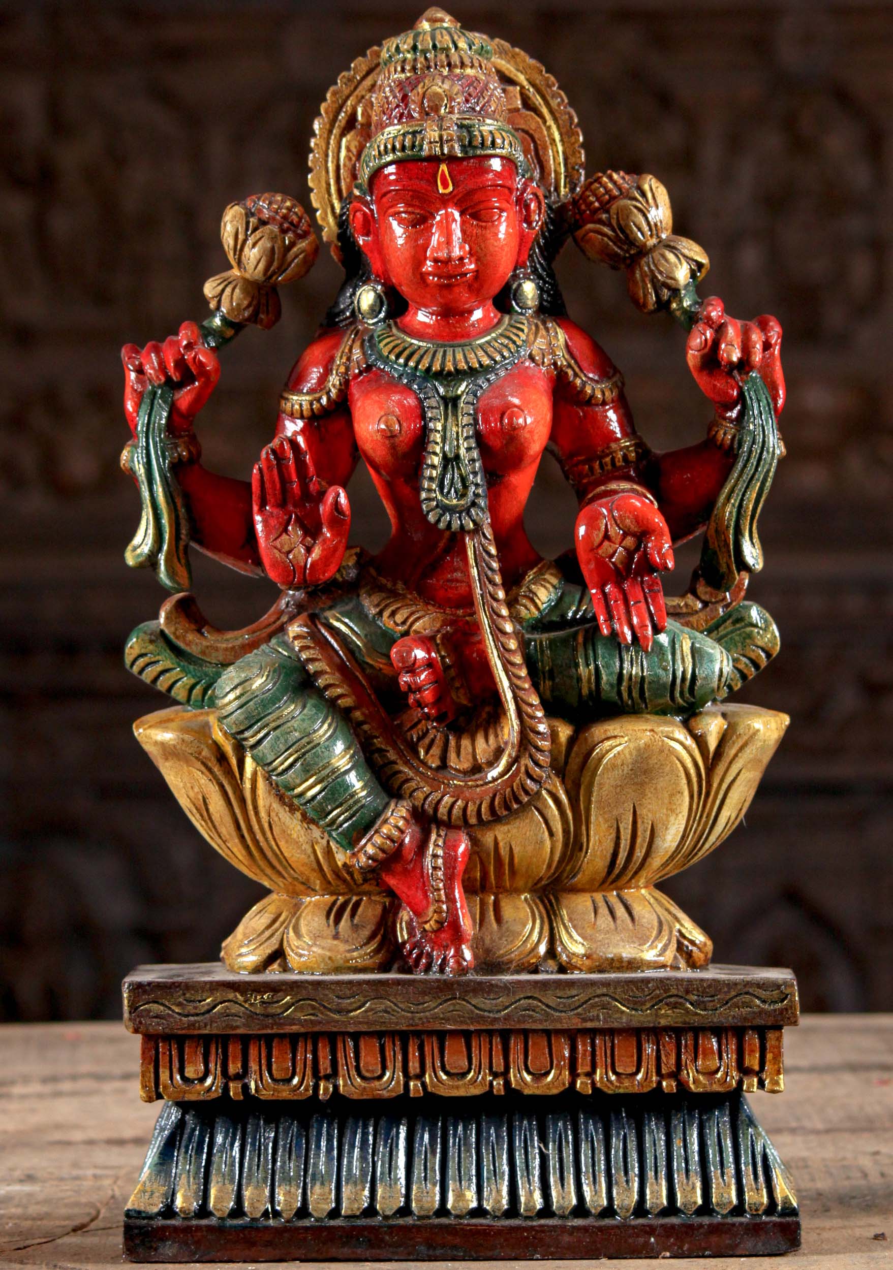 Red Painted Abhaya Mudra Lakshmi Sculpture 18"