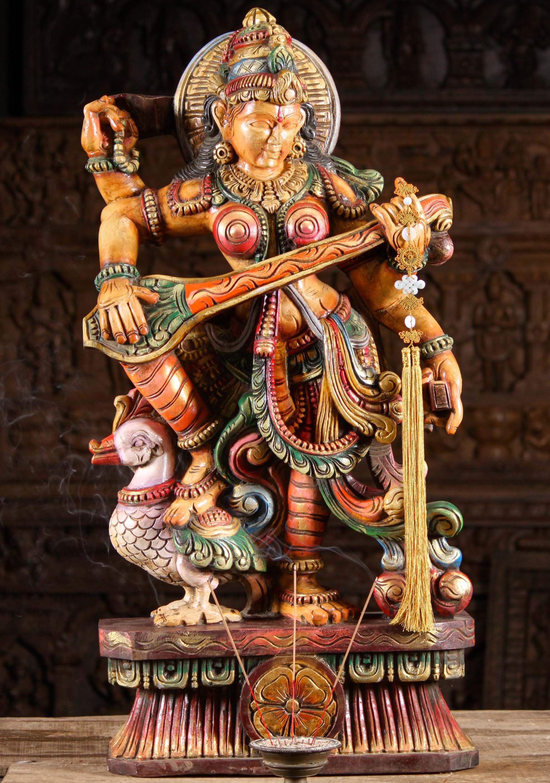 Wood Saraswati Statue Playing the Veena with Right Leg Raised on Her Vehicle the Swan 36"