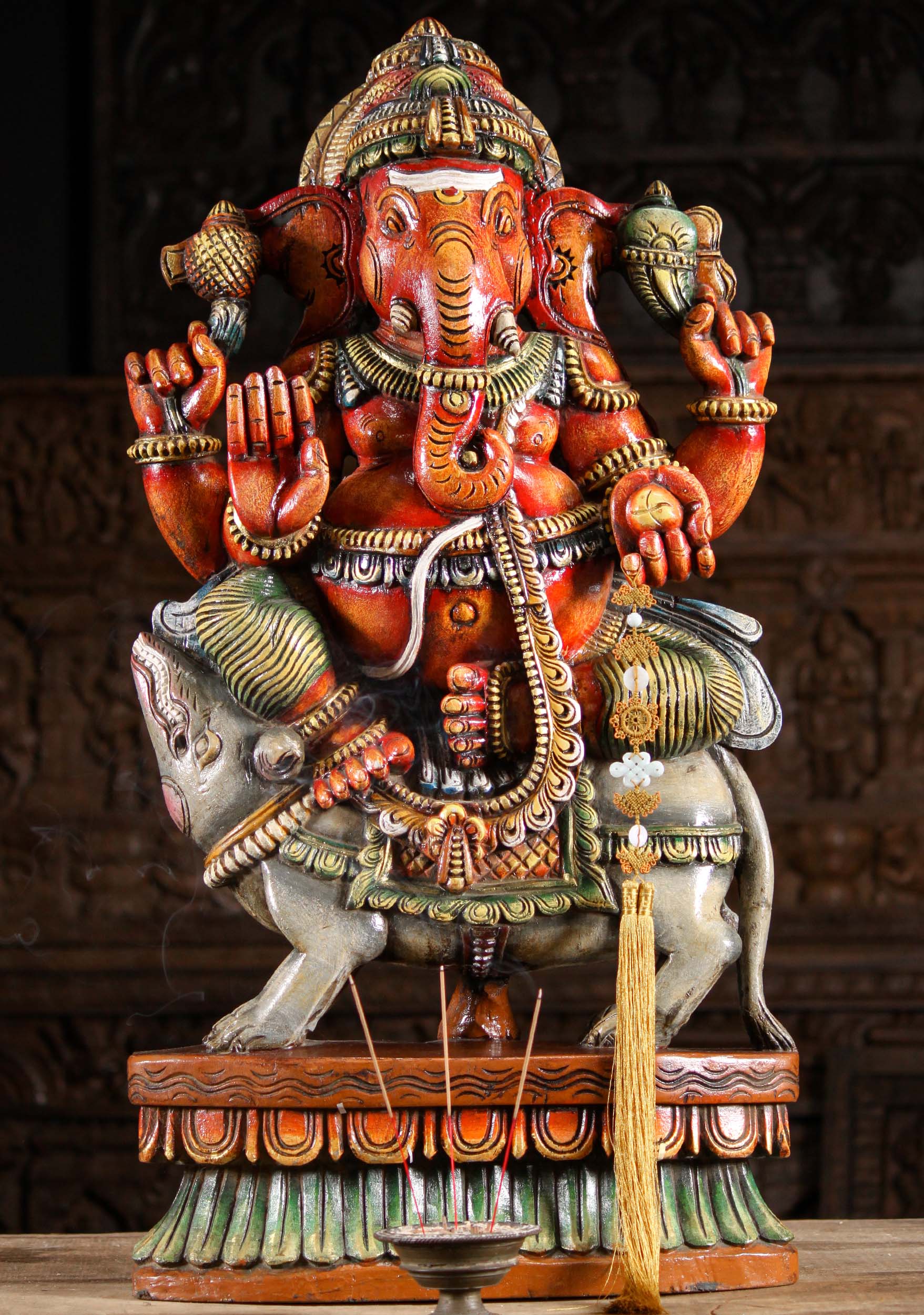 Wooden Abhaya Seated Ganesh Statue on Rat 36"