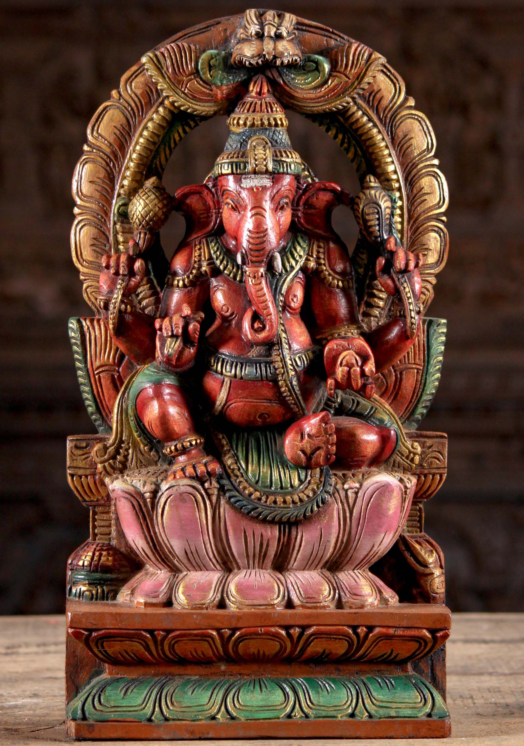 Wood Painted Ganesha Seated Under Arch Statue 18"