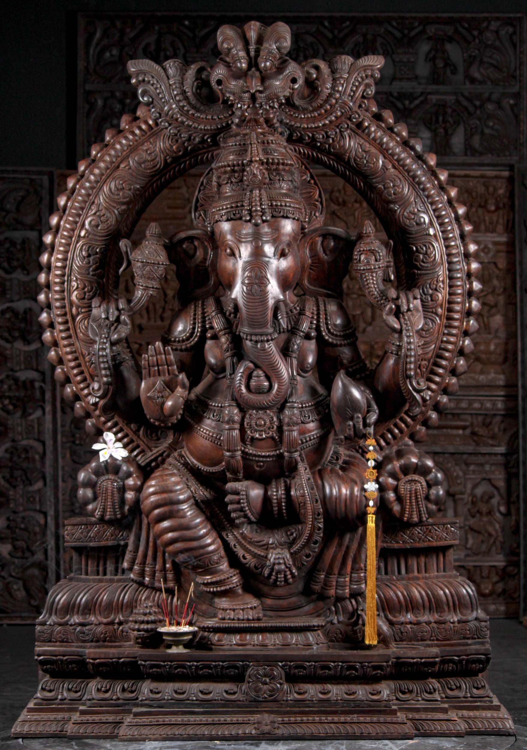 Large Wooden Ganesh with Seated Under Arch 74"