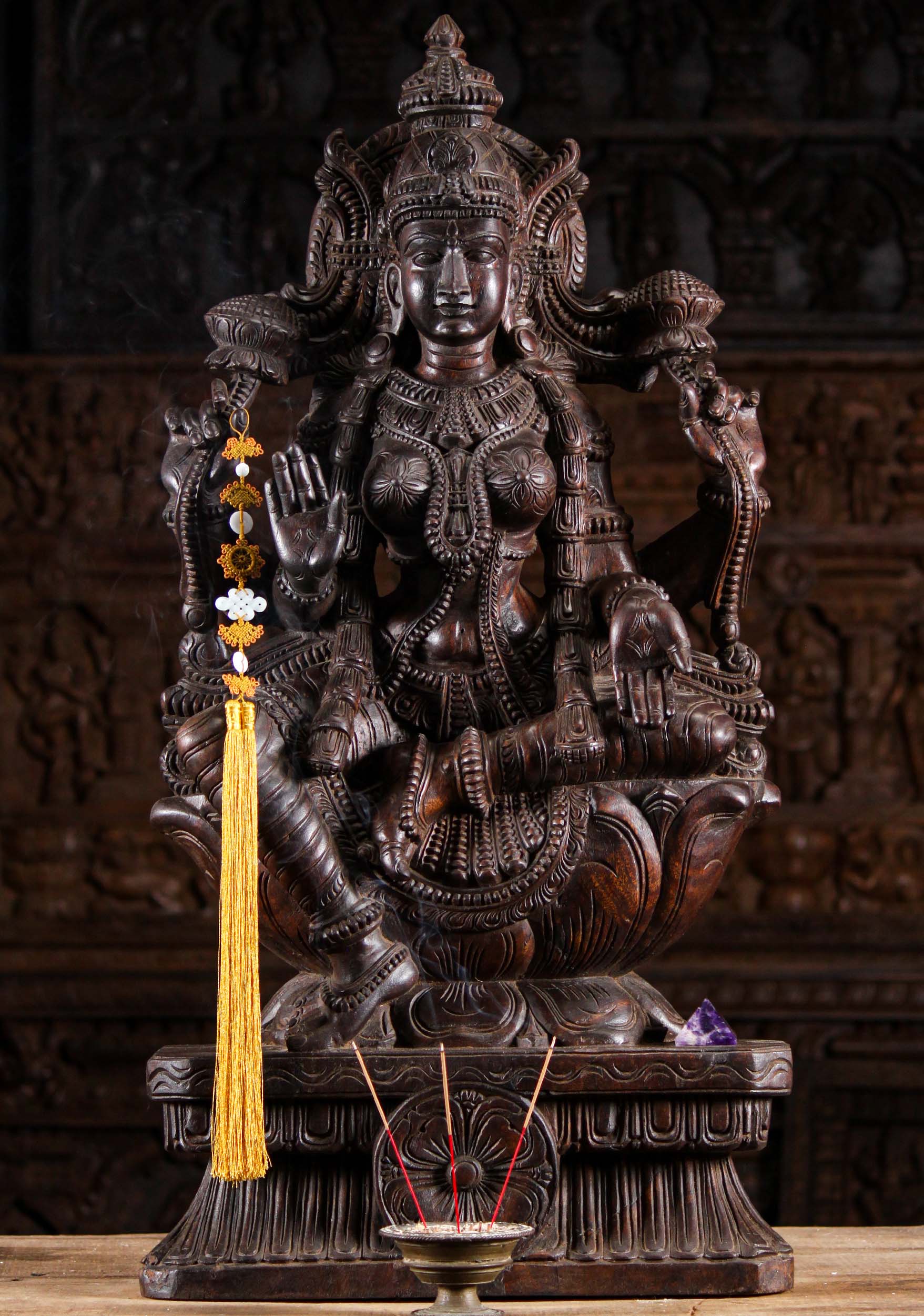 Wood Seated Abhaya Mudra Lakshmi Sculpture 36"