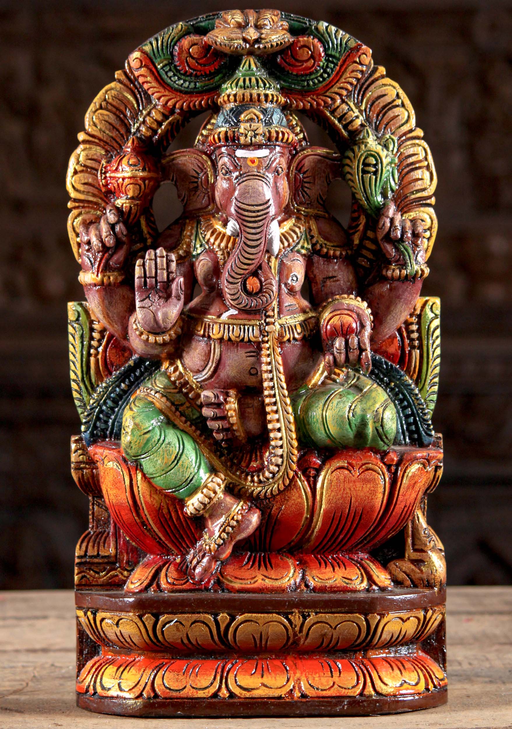 Wood Ganesh Seated Under Arch Statue 18"