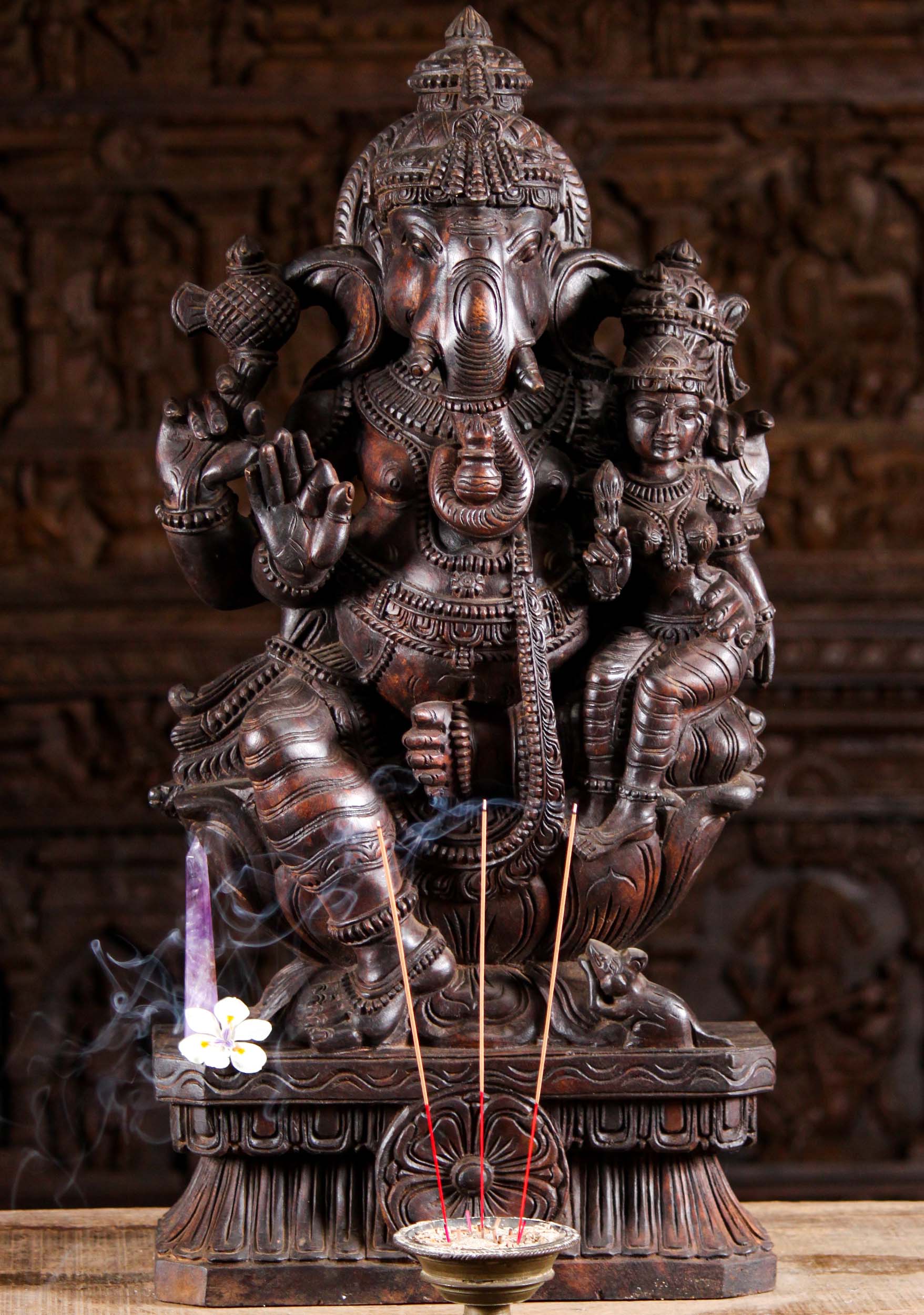 Sold Wood Ganesh Holding Lakshmi Sculpture 30 99w11m Hindu Gods And Buddha Statues 3037