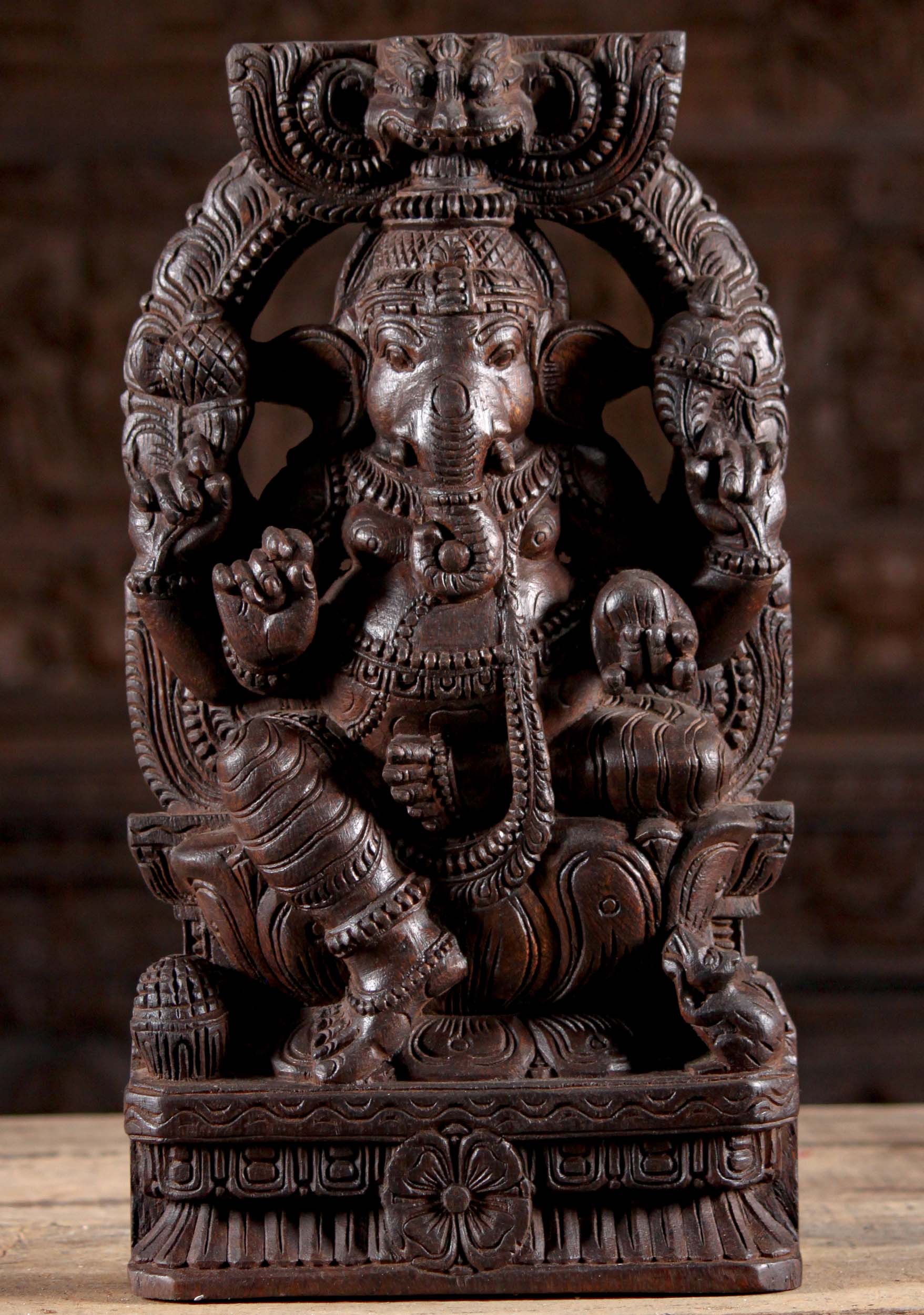 Wood Ganesh Seated on Lotus Base Under Arch 18"