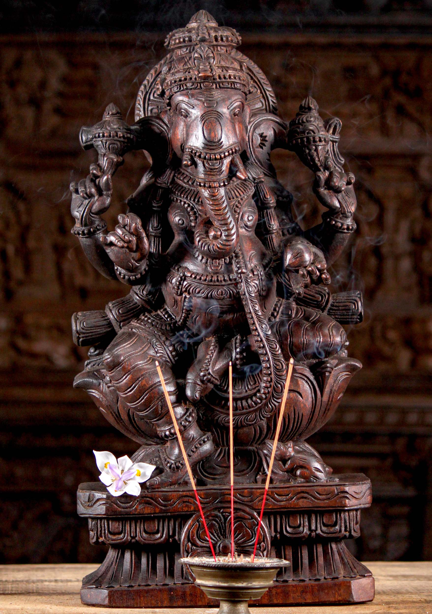 Wooden Ganesh Statue with Rat 24"'