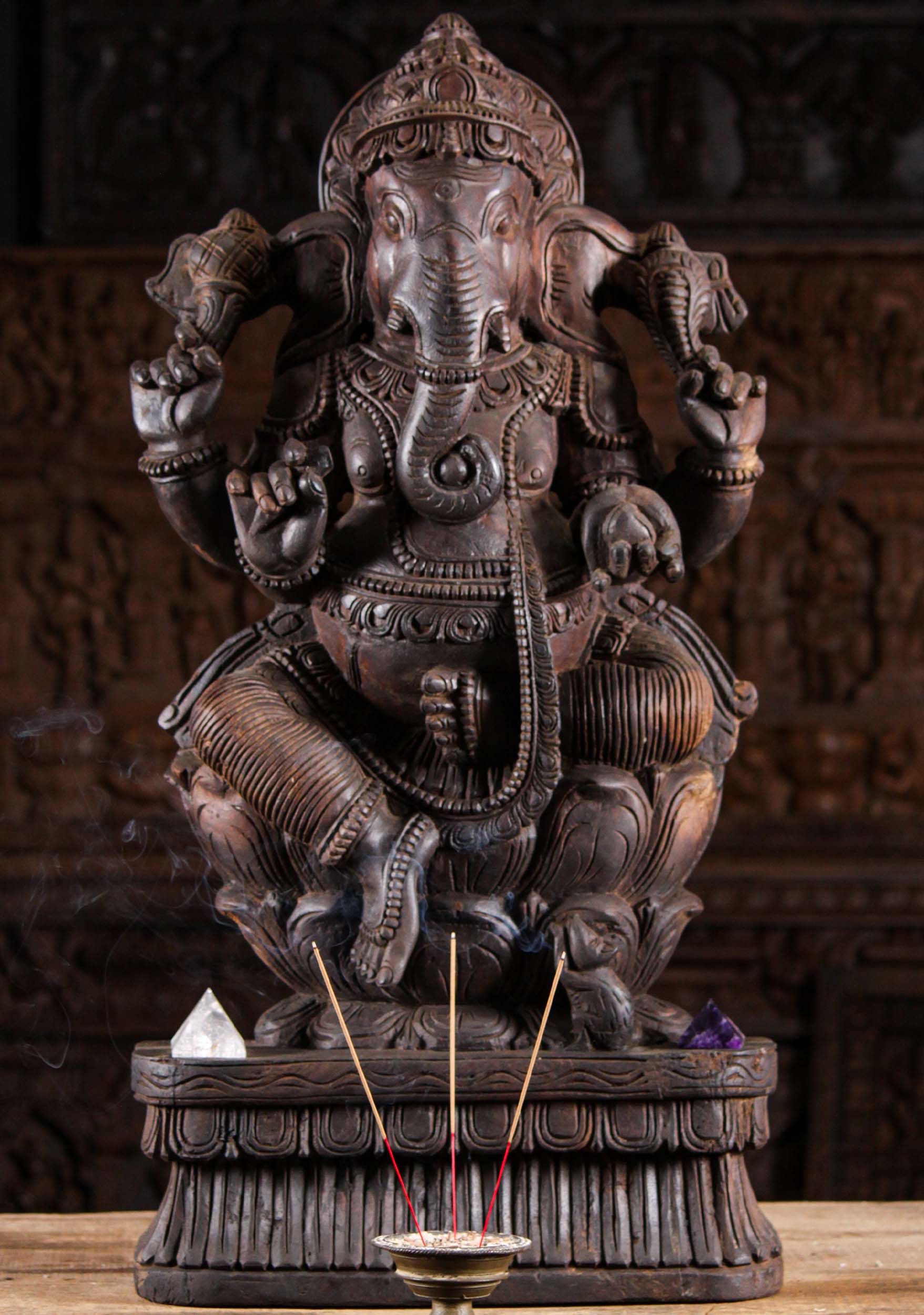 Wood Ganesh Seated with Small Rat 36"