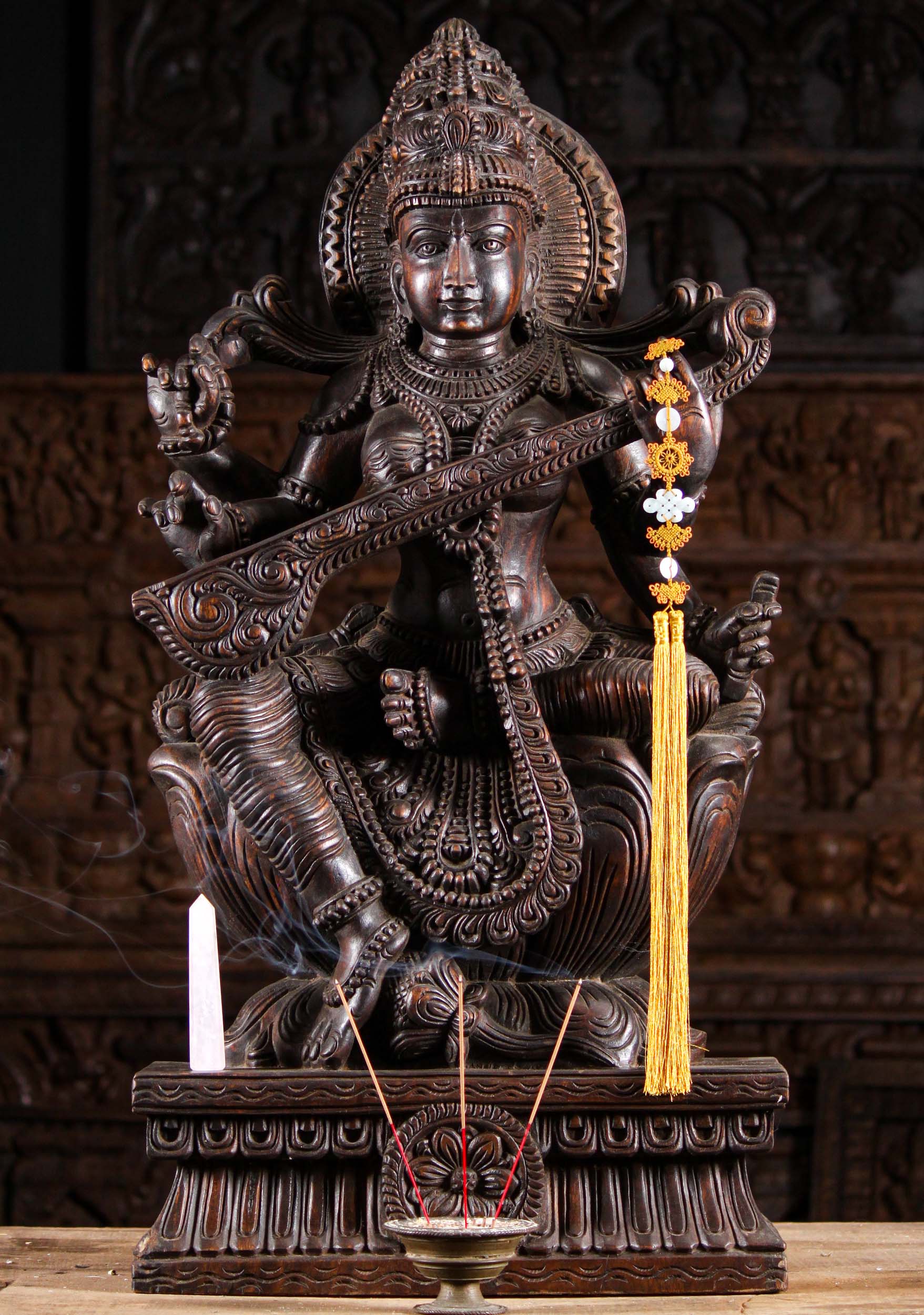 Beautiful Wooden Veena Saraswati Statue 36"