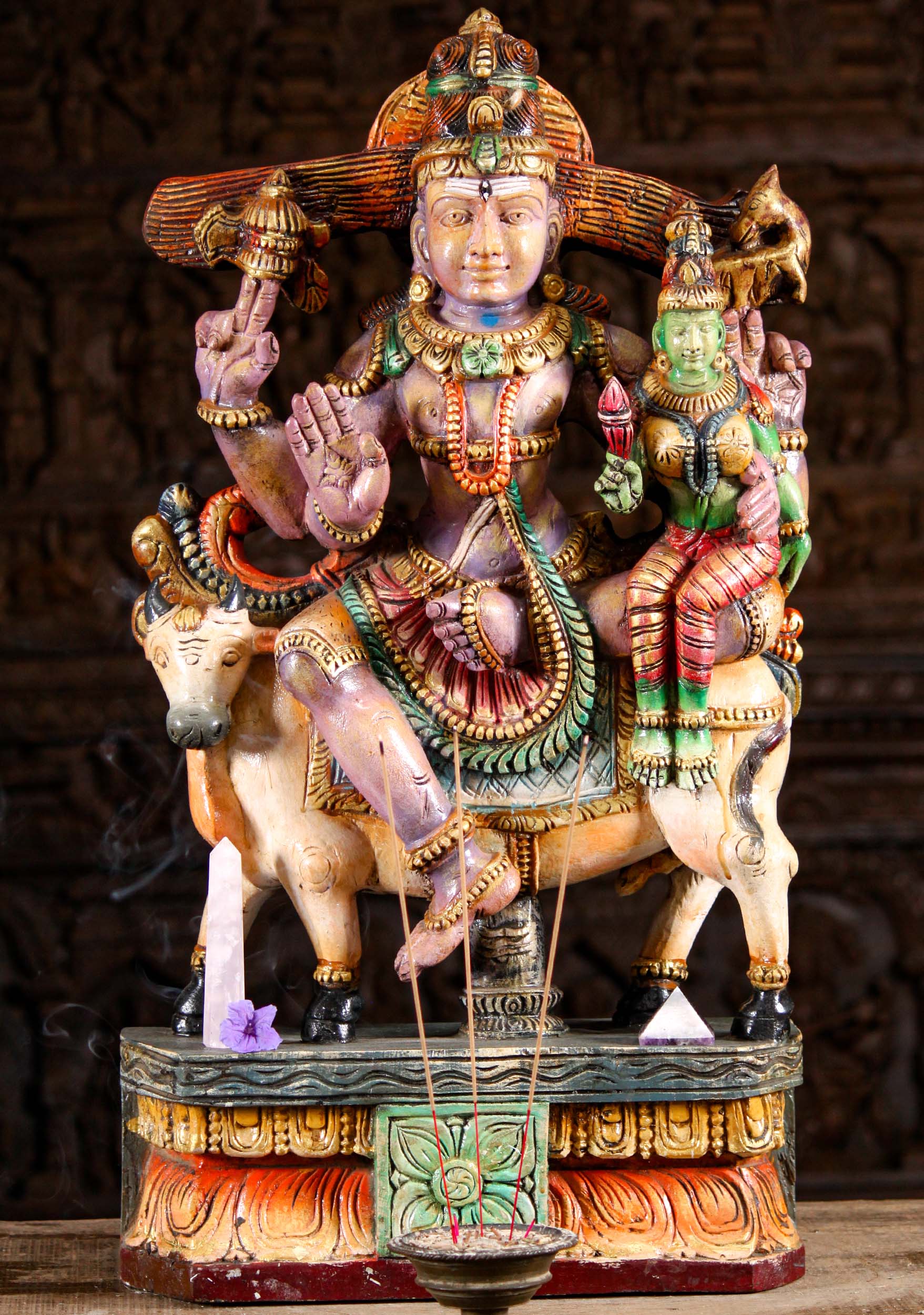 Painted Wooden Sculpture of the Ascetic Couple of Shiva with Parvati Seated in His Lap 30"