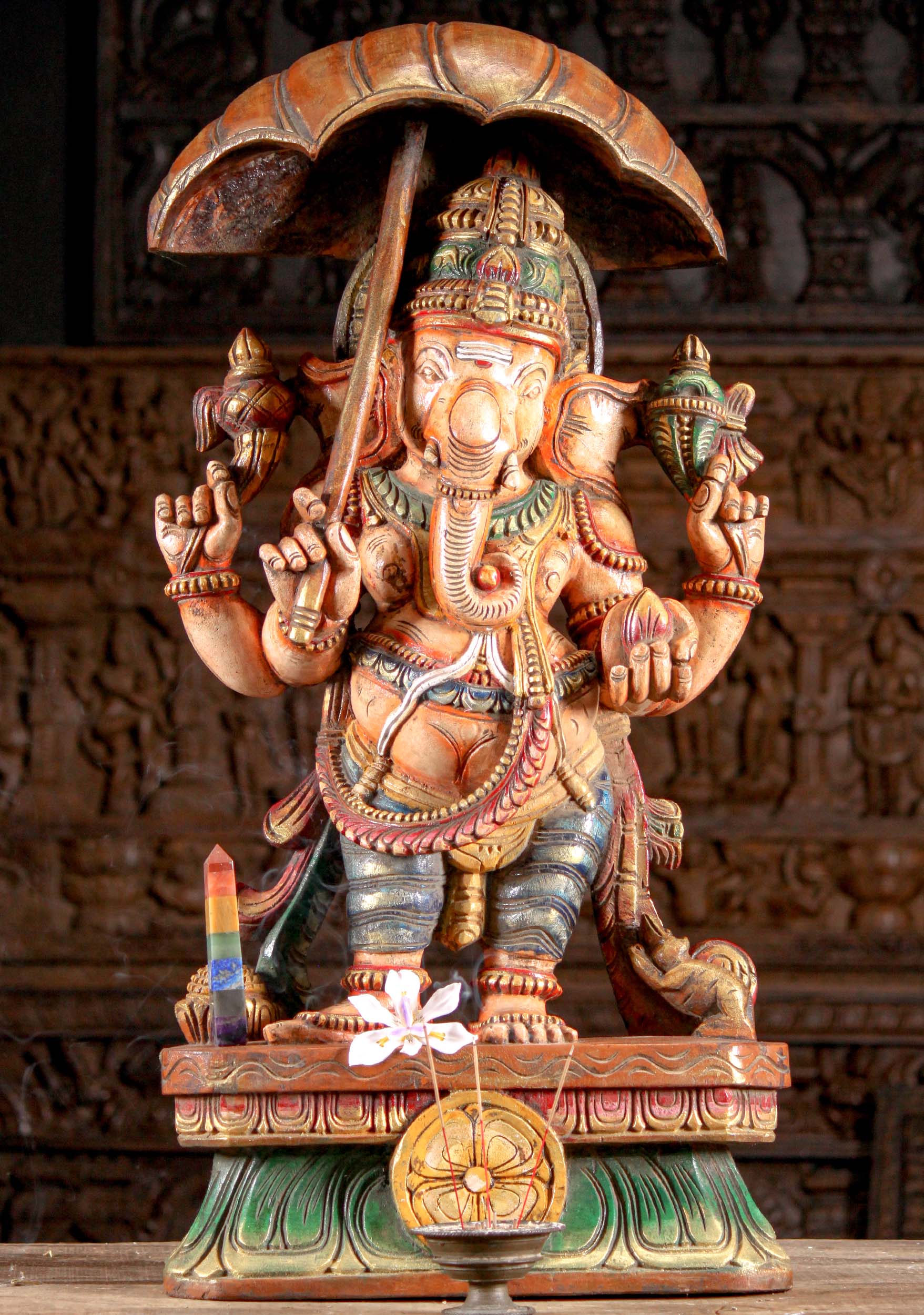 Wood Standing Ganesh with Umbrella 36"