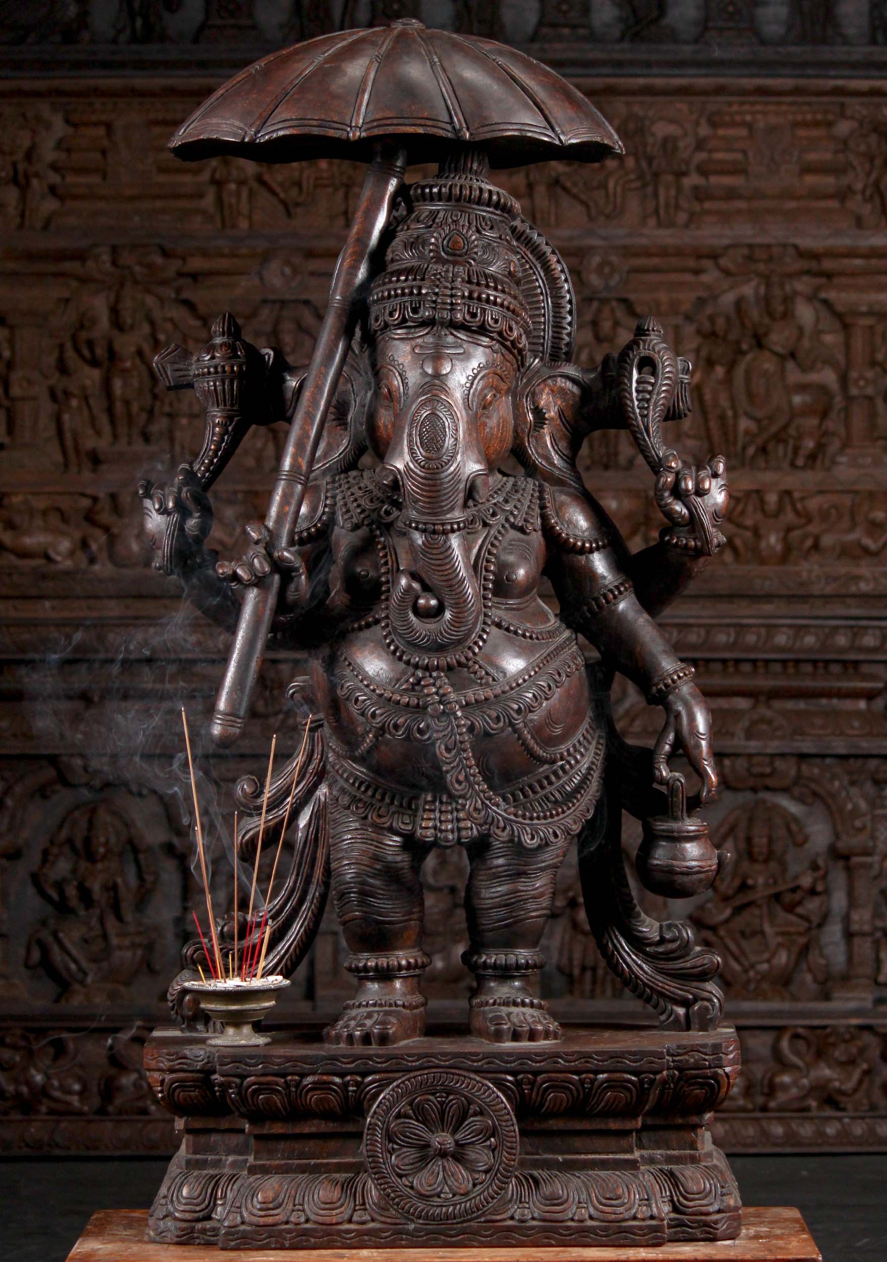 Wood Standing Ganesh with Umbrella & Water Vessel 48"