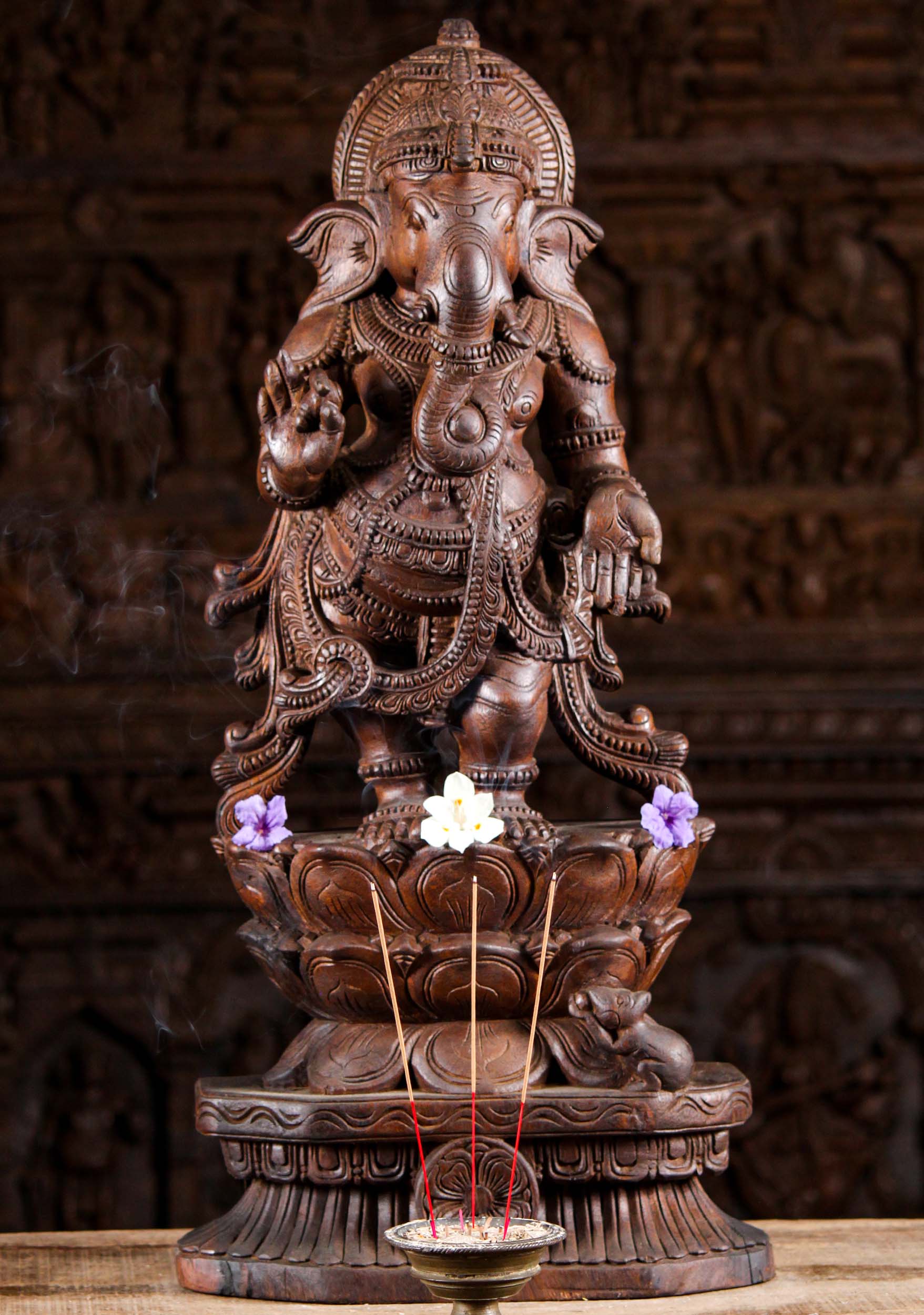 Wood Standing Ganesh on Triple Lotus Base 30"