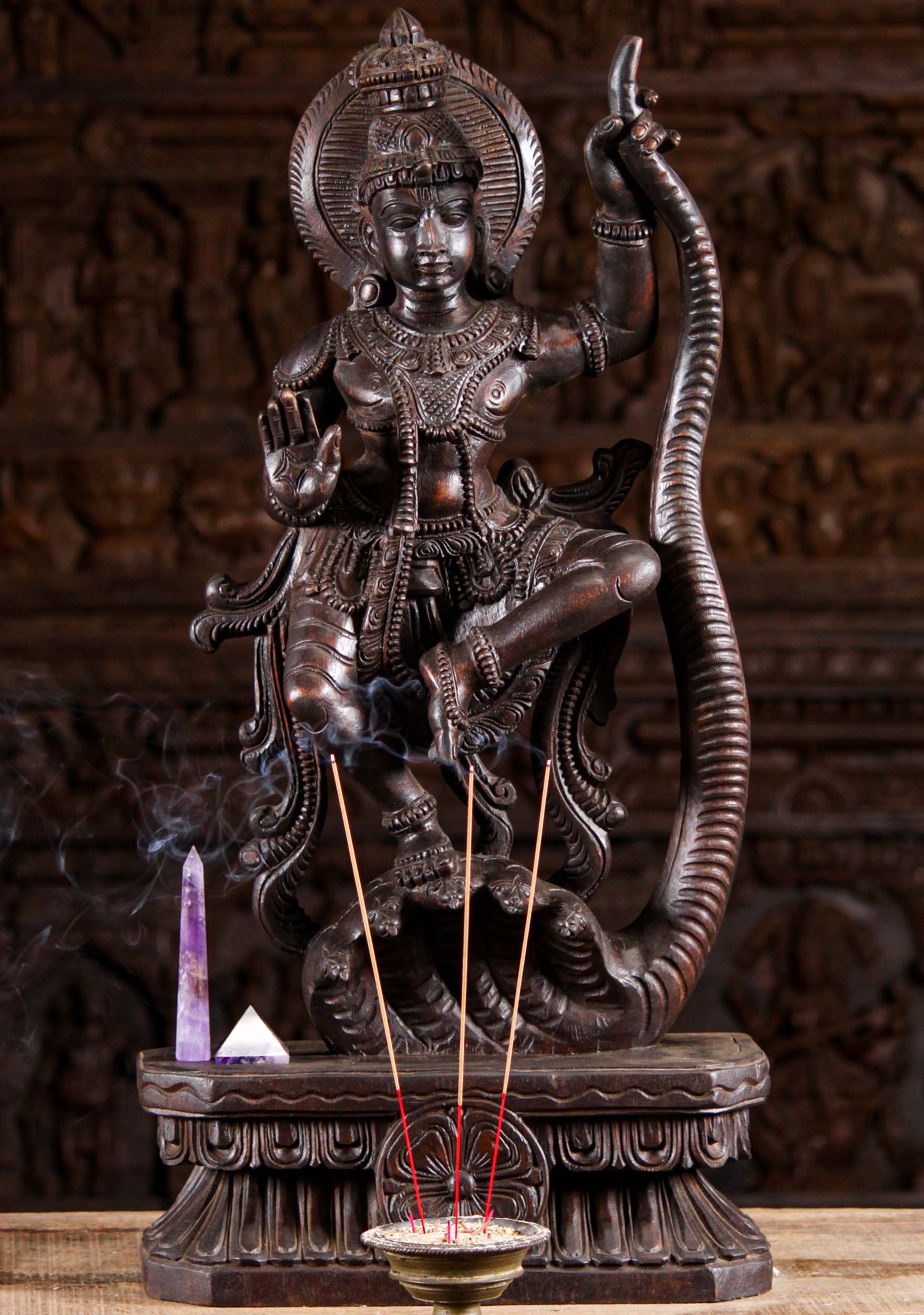 Wood Krishna Dancing on Serpent Kaliya 30"