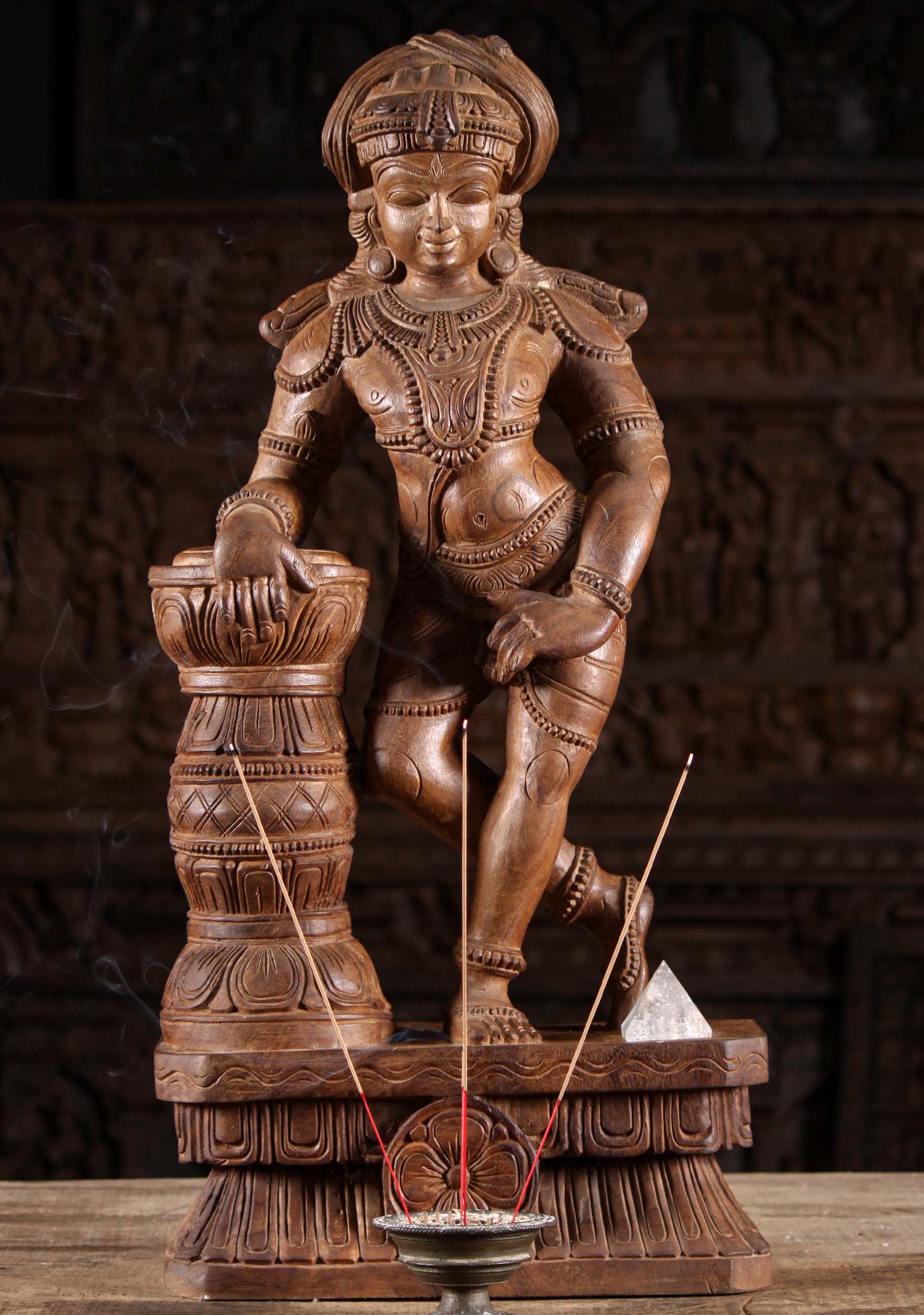 One of a Kind Wood Standing Shiva Wearing Turban Hand Carved Sculpture 30"