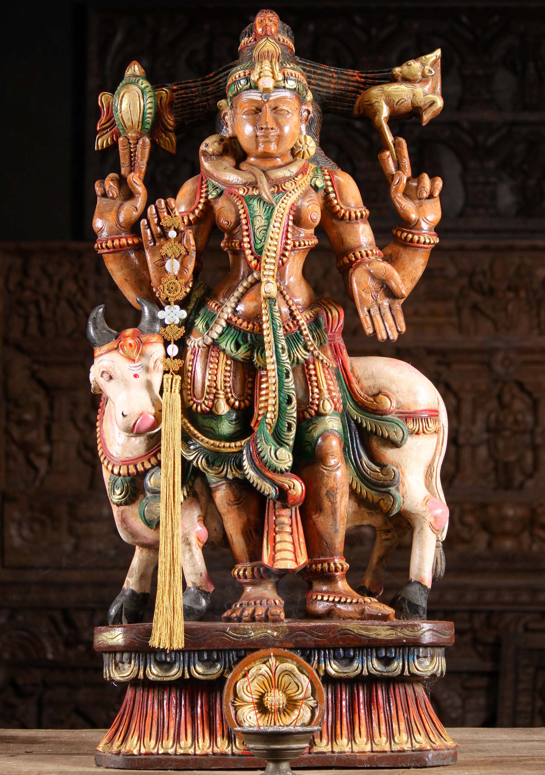 Wooden Shiva Idol Standing with hsi Vehicle, the White Bull Nandi 36"