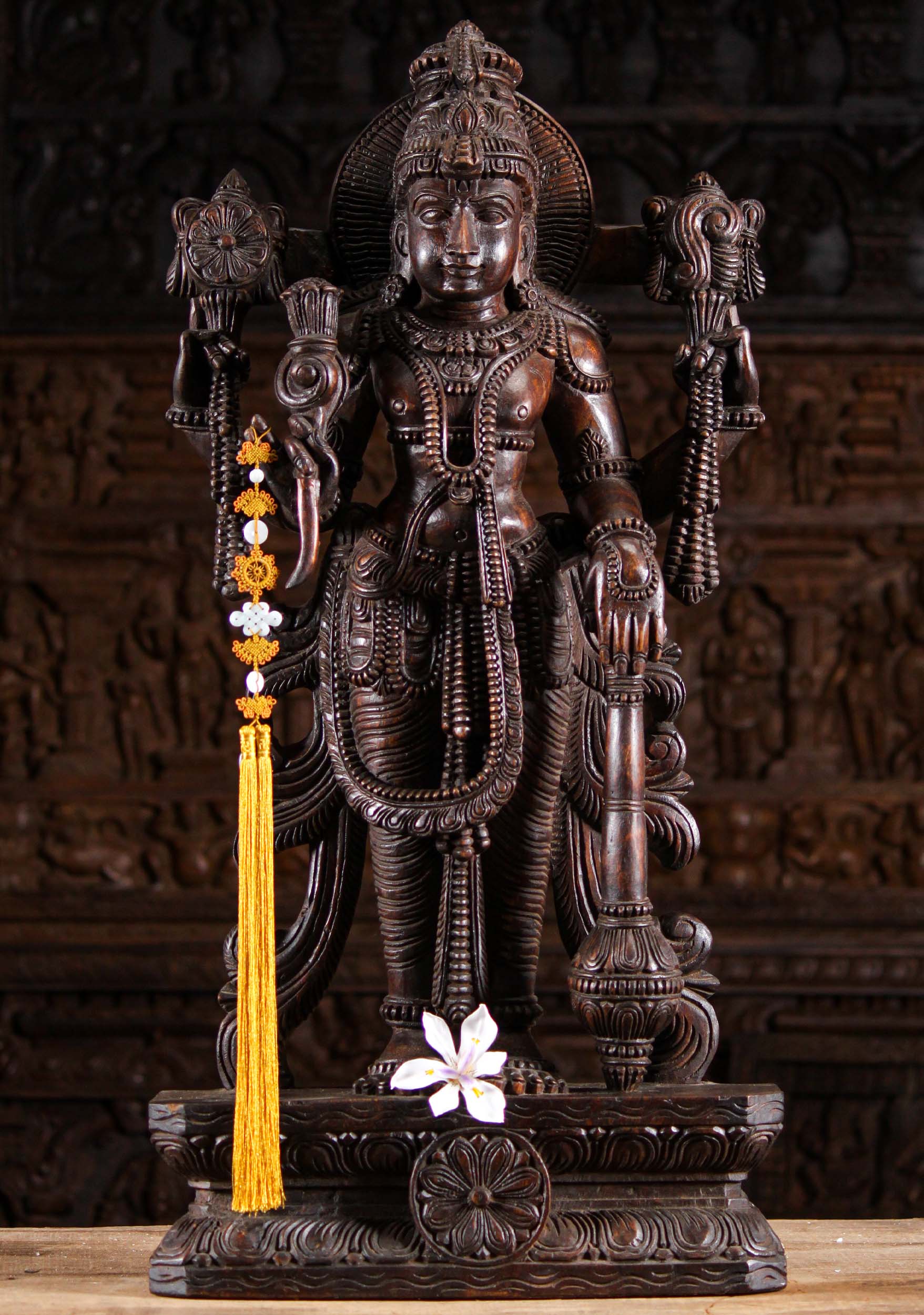 Wood Vishnu Holding Lotus Flower & Club 36"